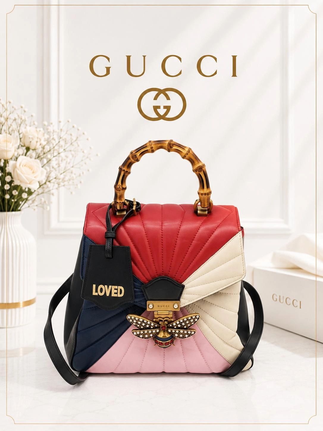 Gucci Queen Margaret Bamboo Top Handle Bag Multicolor Leather Backpack
