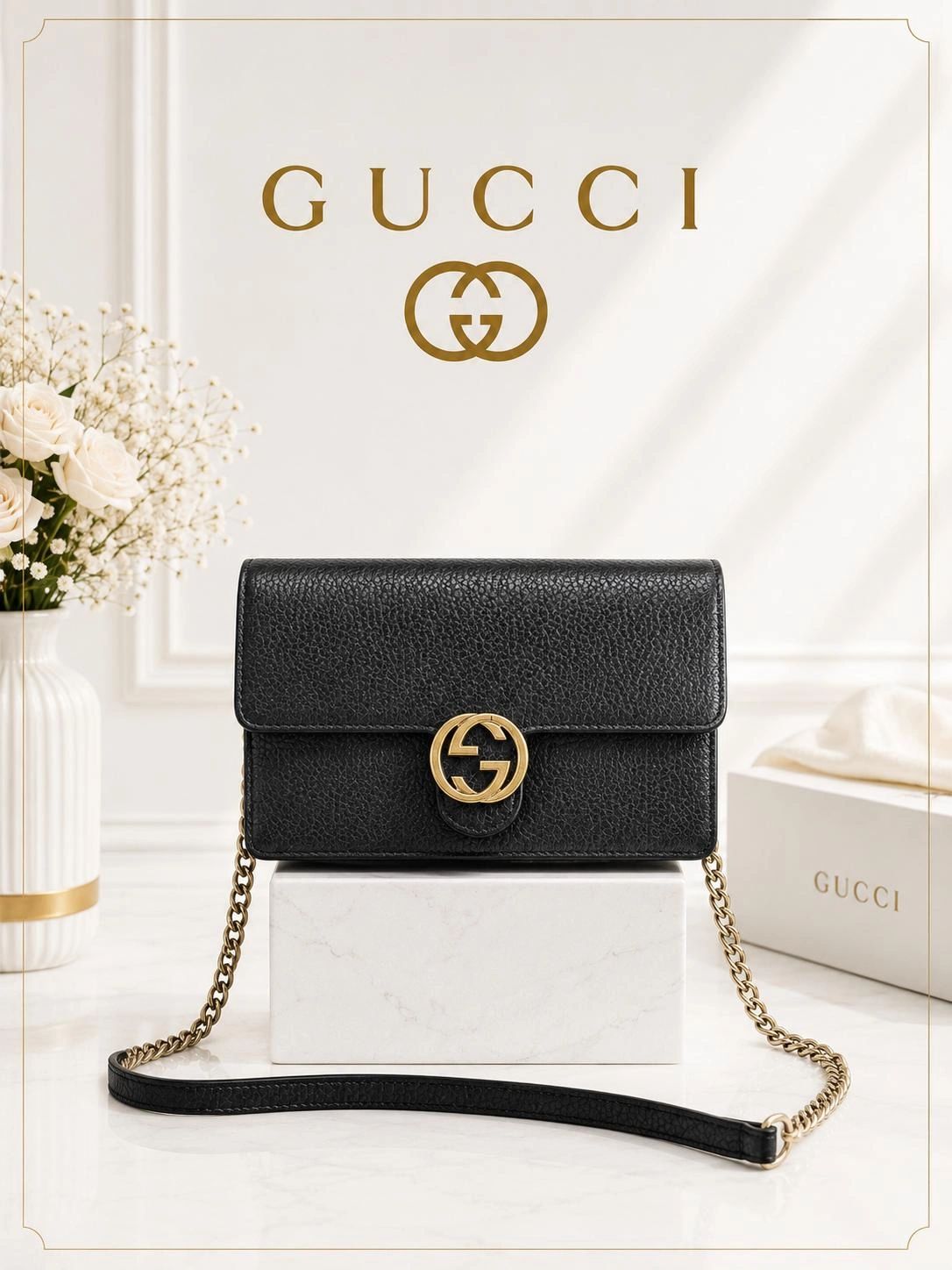 Gucci Soho Chain Crossbody Bag Black Pebbled Leather GG Logo LuxuryBag