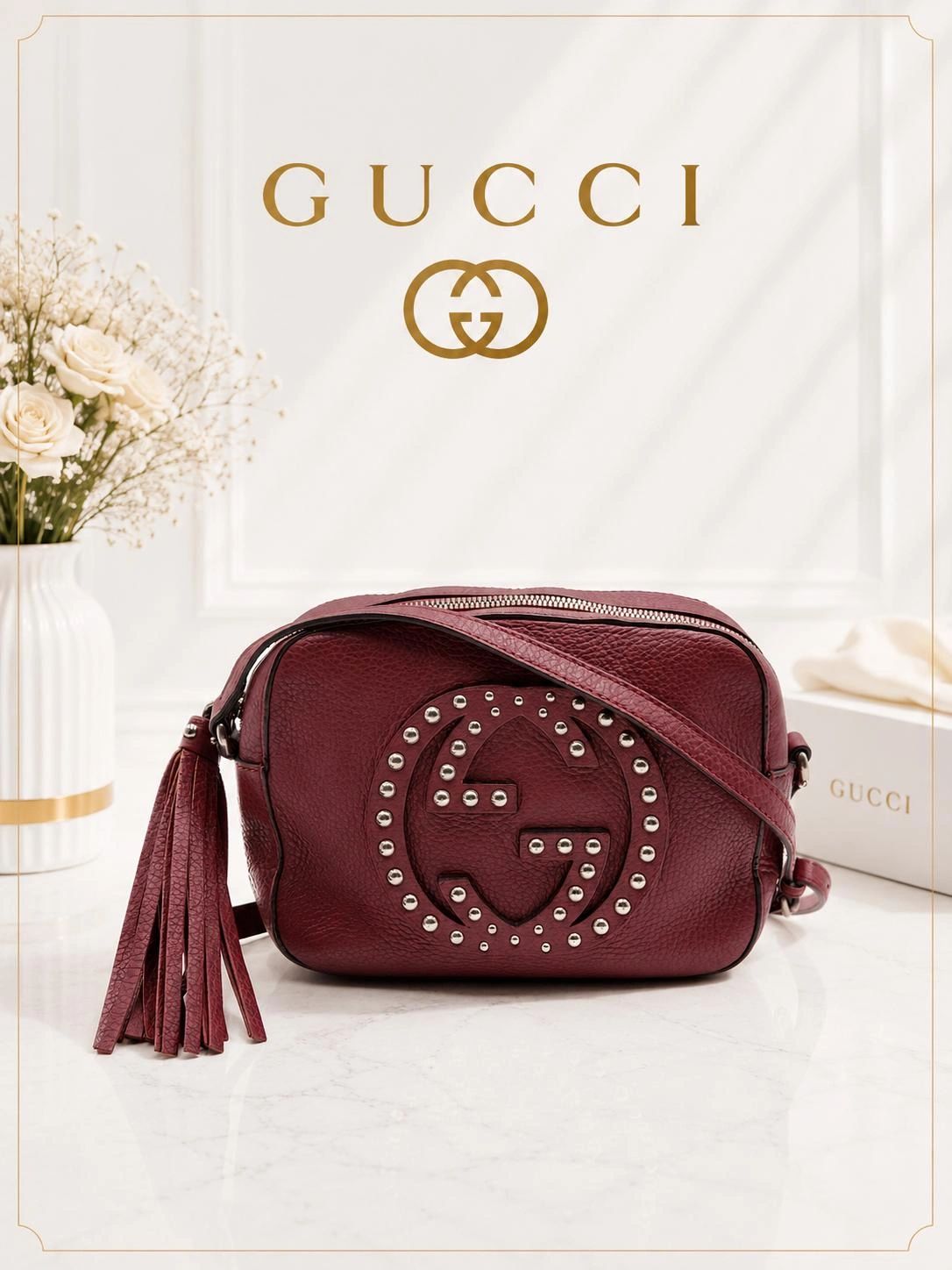 Gucci Soho Disco Studded Crossbody Bag Red Leather Small Camera Bag