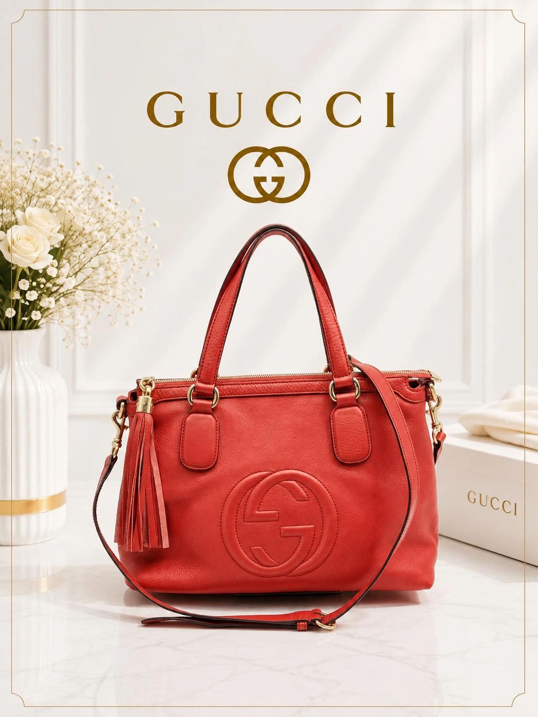 Gucci Soho Leather Tote Bag Red Shoulder Luxury Designer Bag