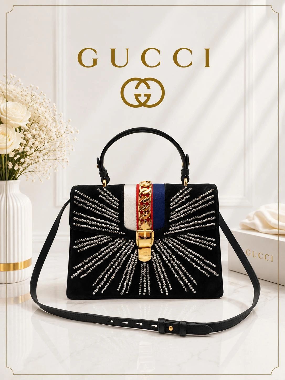 Gucci Sylvie Pearl Stud Medium Top Handle Bag Navy Leather Web Stripe