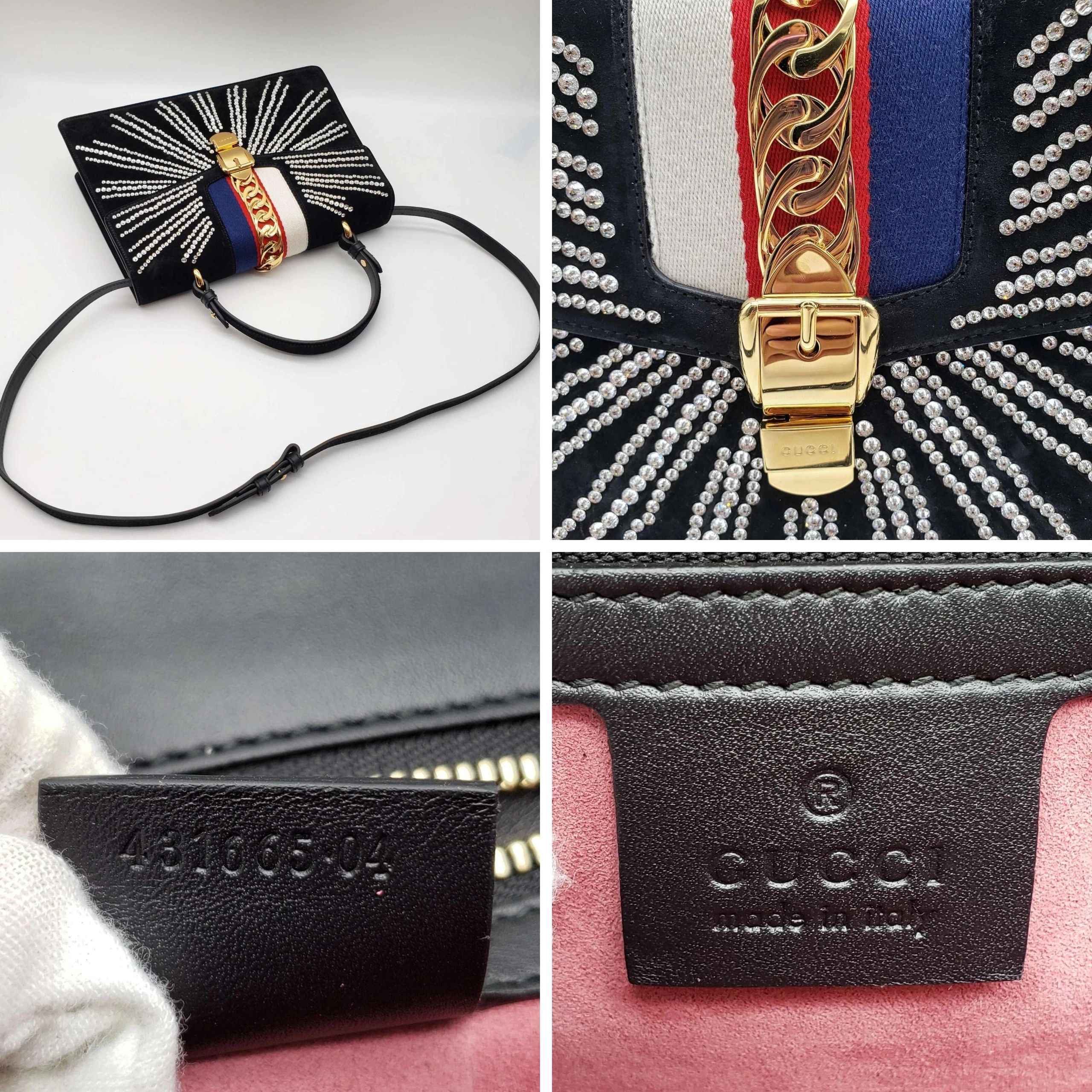 Gucci Sylvie Pearl Stud Medium Top Handle Bag Navy Leather Web Stripe — photo 9