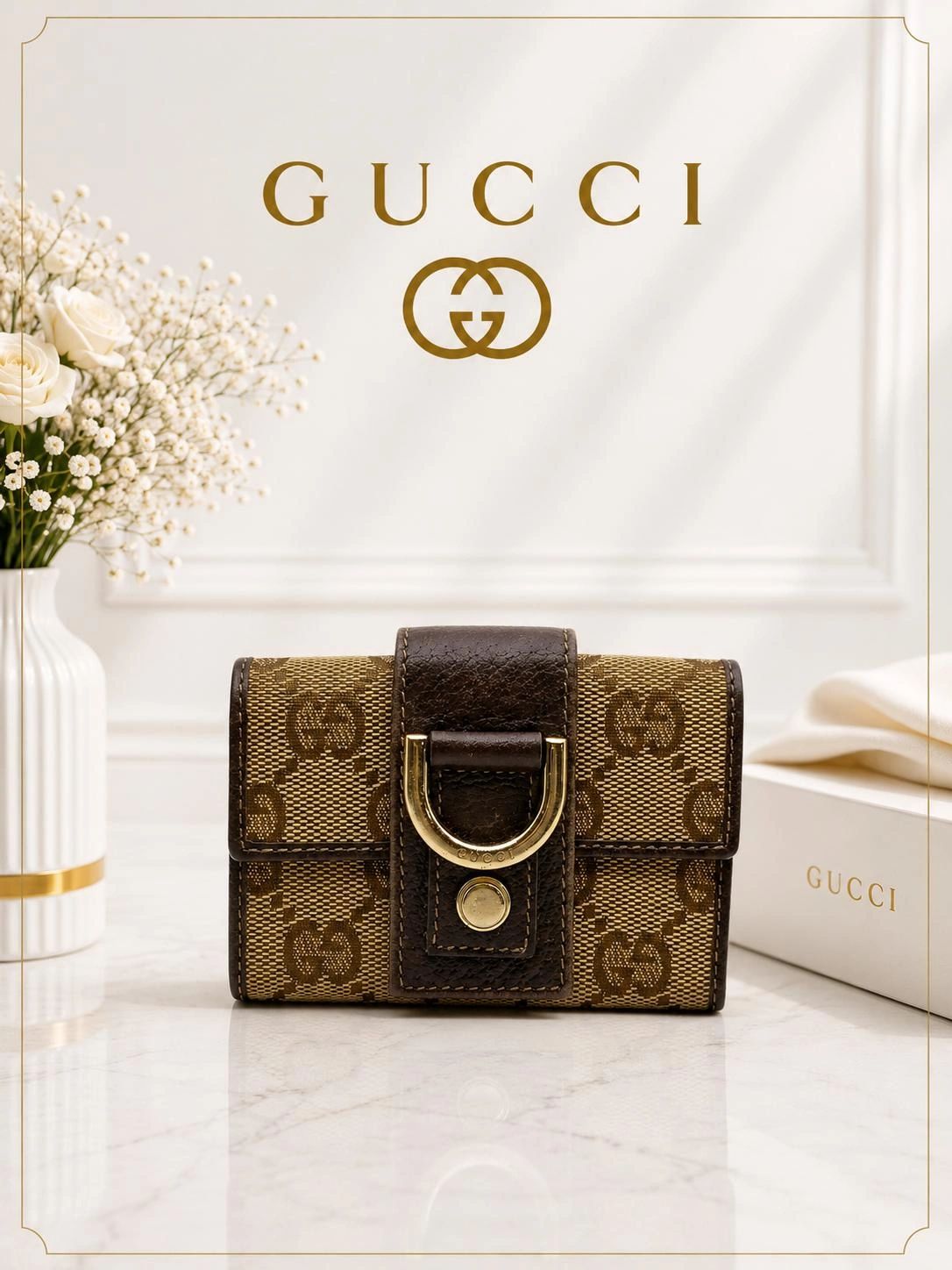 Gucci Abbey GG Canvas D-Ring Key Case Holder Brown Leather Gold Hardware