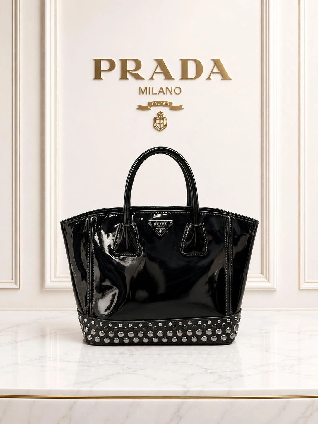 Prada Patent Leather Studded Tote Black Spazzolato Shoulder Bag
