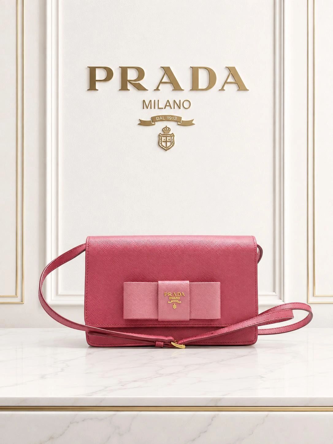 Prada Pink Saffiano Bow Crossbody Wallet Clutch Gold Logo