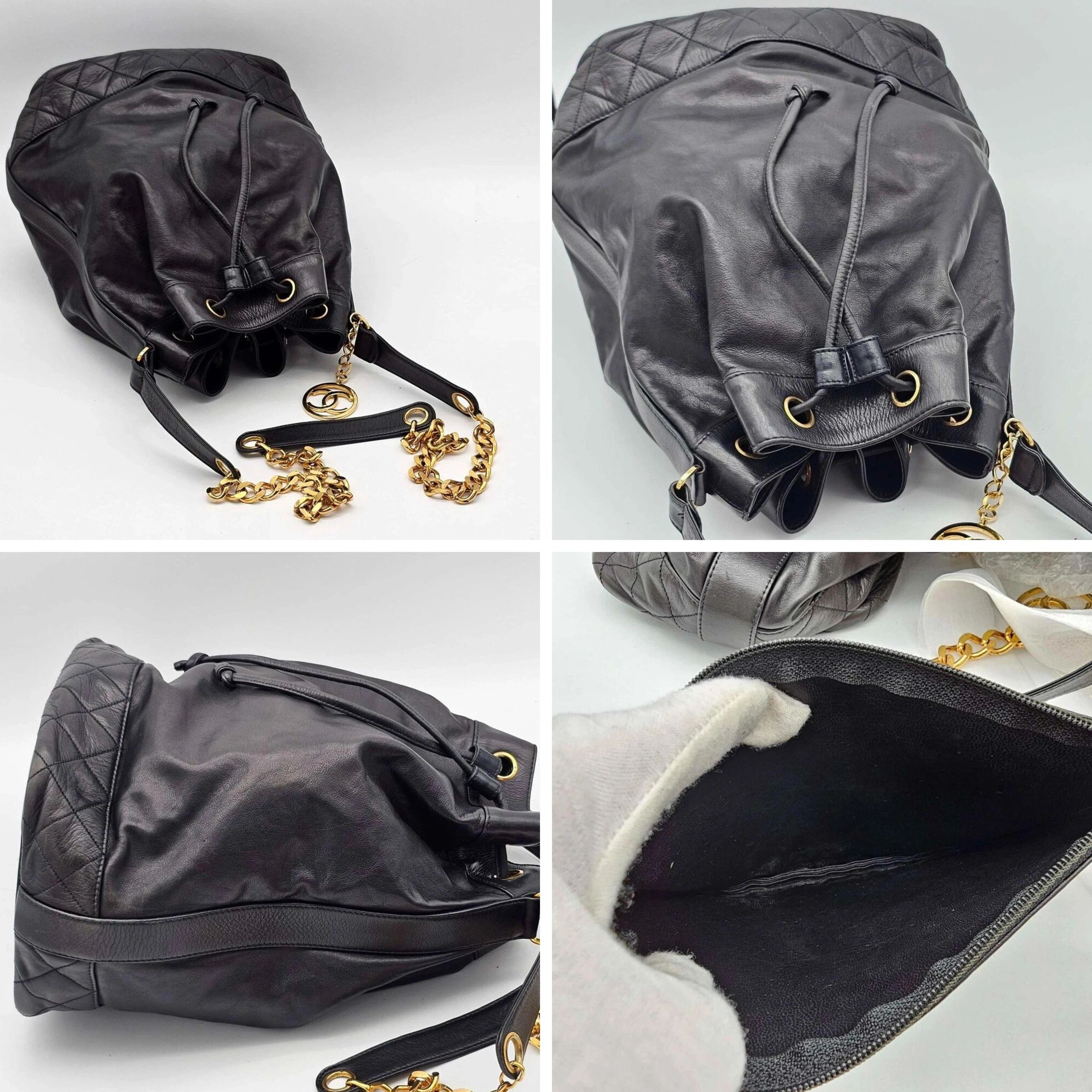 Chanel Authentic Chanel Drawstring Bucket Bag Black Leather Gold Chain CC Logo — photo 5