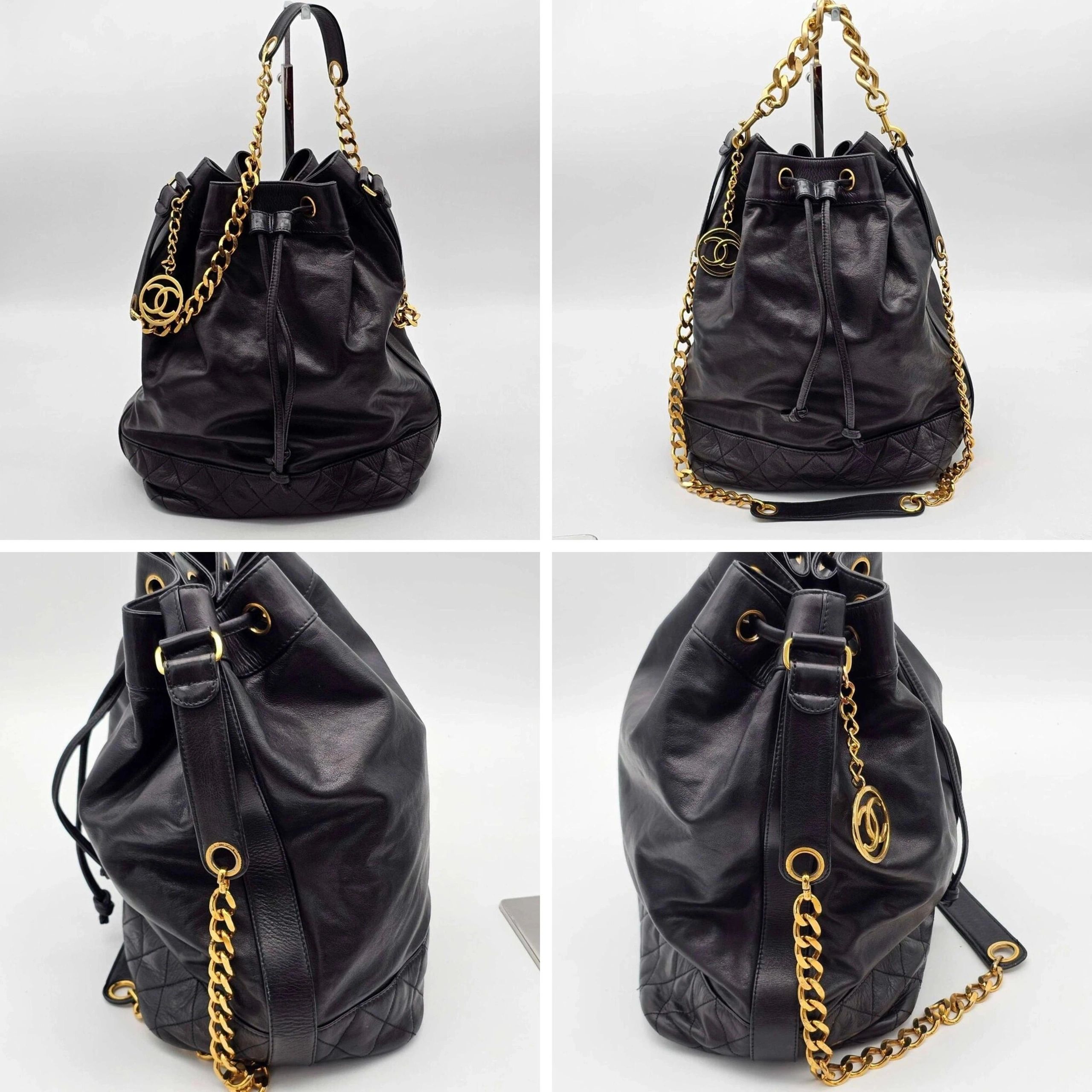 Chanel Authentic Chanel Drawstring Bucket Bag Black Leather Gold Chain CC Logo — photo 4