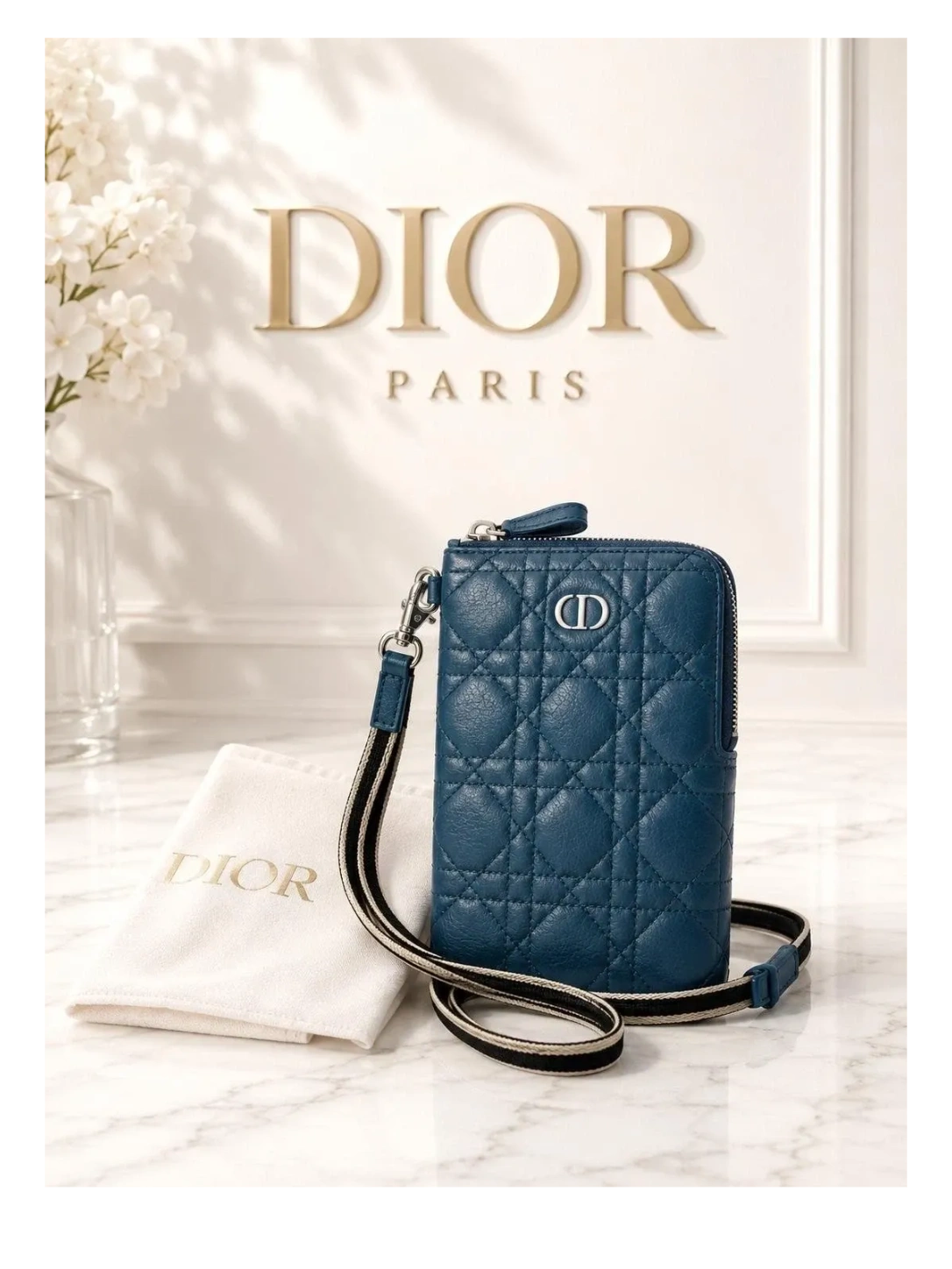 Dior Caro Phone Holder Cannage Leather CD ZipCrossbody Wallet On Strap