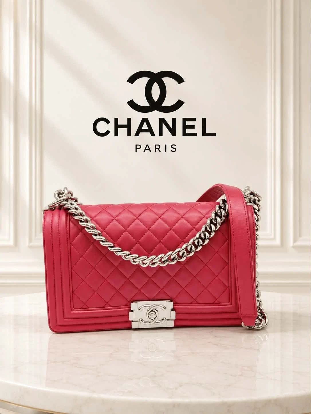 Chanel Authentic Chanel Boy Bag Red Quilted Leather Medium Flap Silver Chain CC Logo