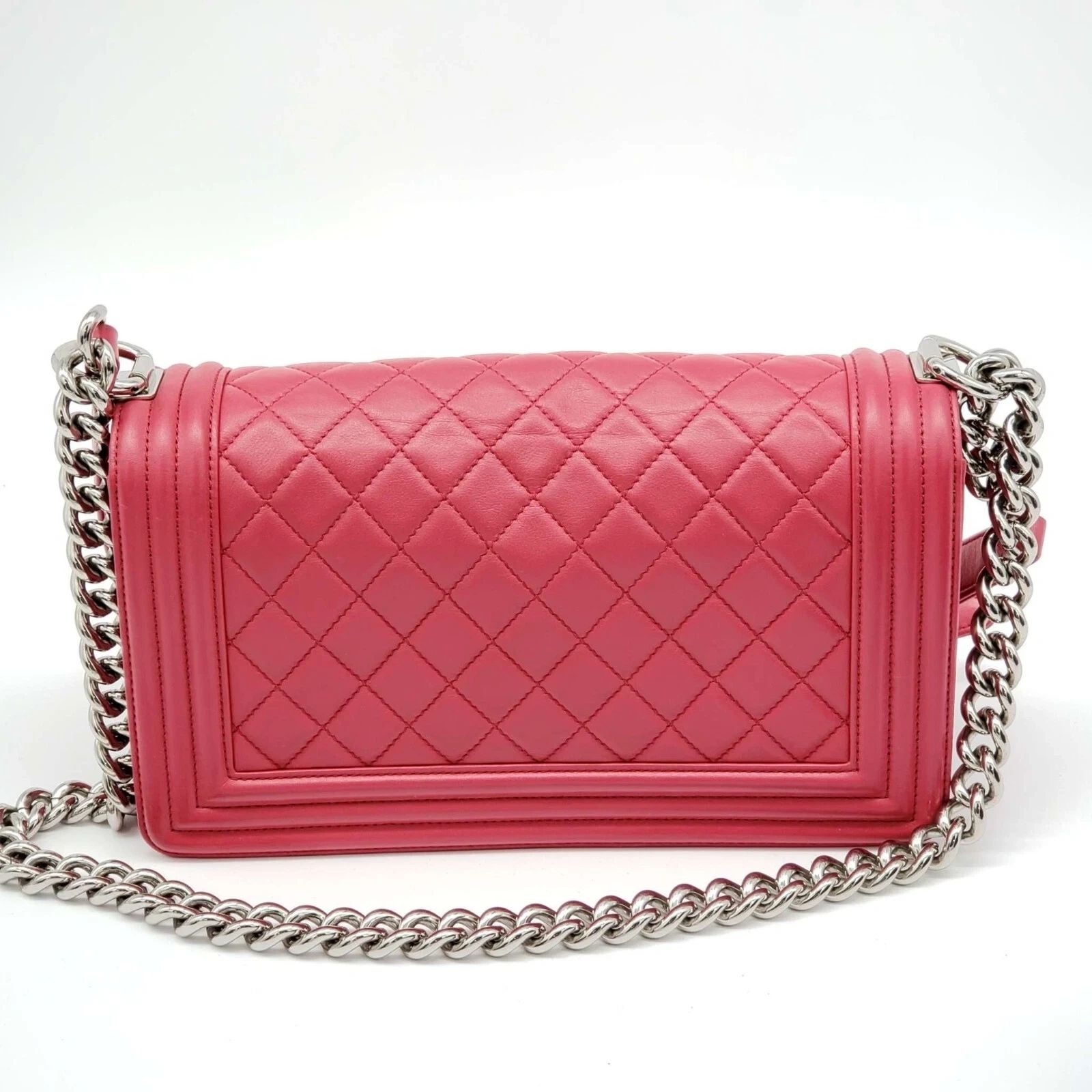 Chanel Authentic Chanel Boy Bag Red Quilted Leather Medium Flap Silver Chain CC Logo — photo 2