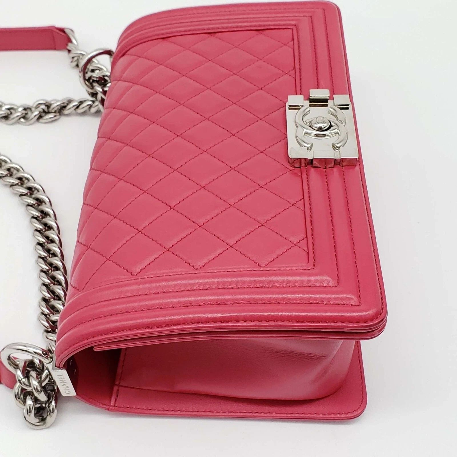 Chanel Authentic Chanel Boy Bag Red Quilted Leather Medium Flap Silver Chain CC Logo — photo 4
