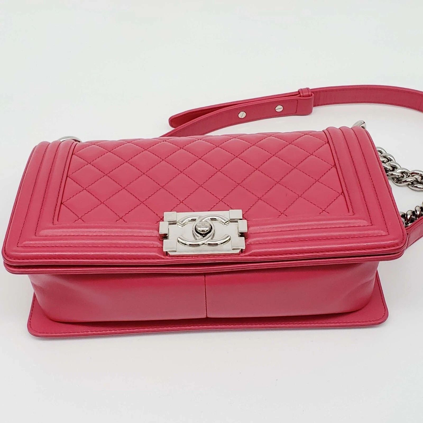 Chanel Authentic Chanel Boy Bag Red Quilted Leather Medium Flap Silver Chain CC Logo — photo 5