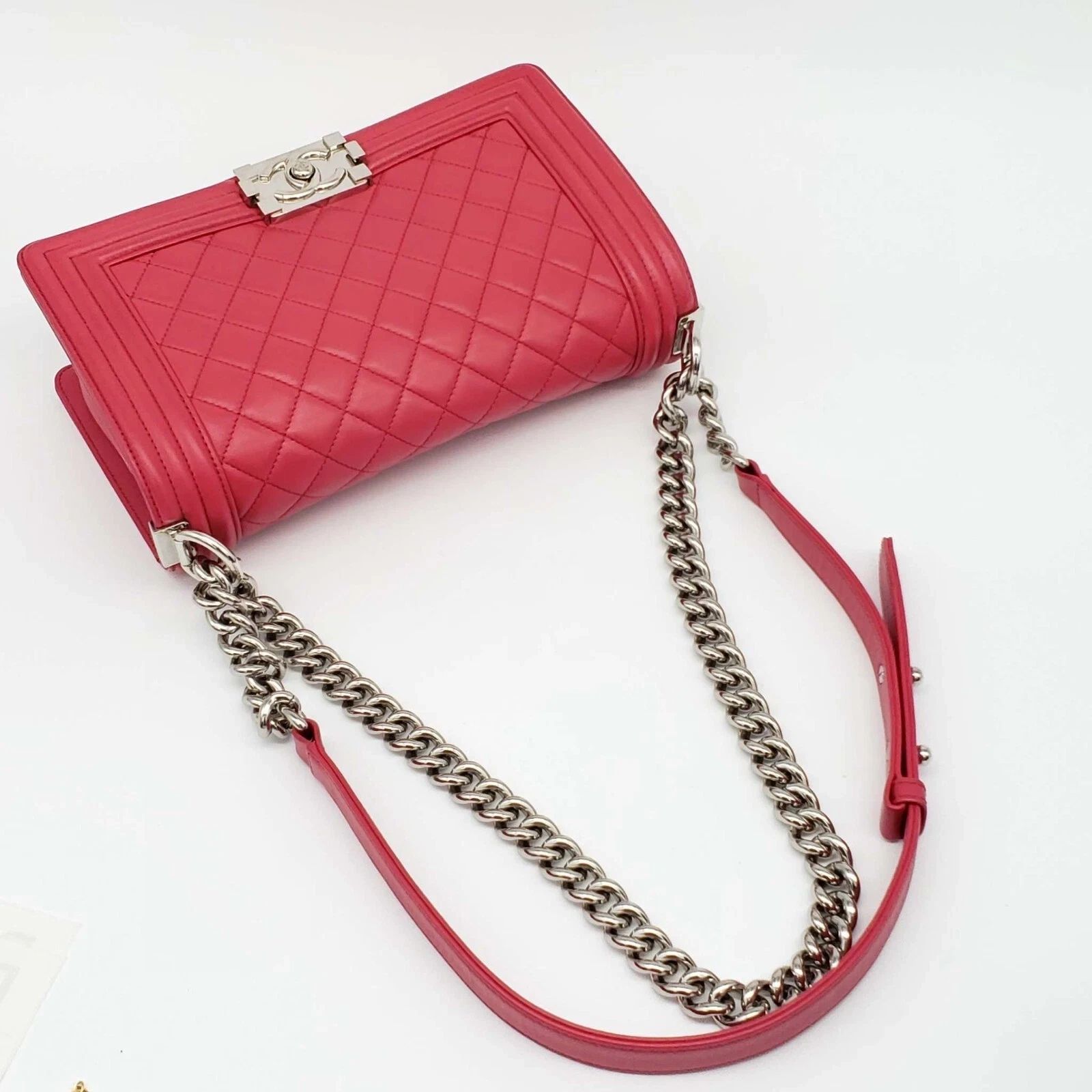 Chanel Authentic Chanel Boy Bag Red Quilted Leather Medium Flap Silver Chain CC Logo — photo 6