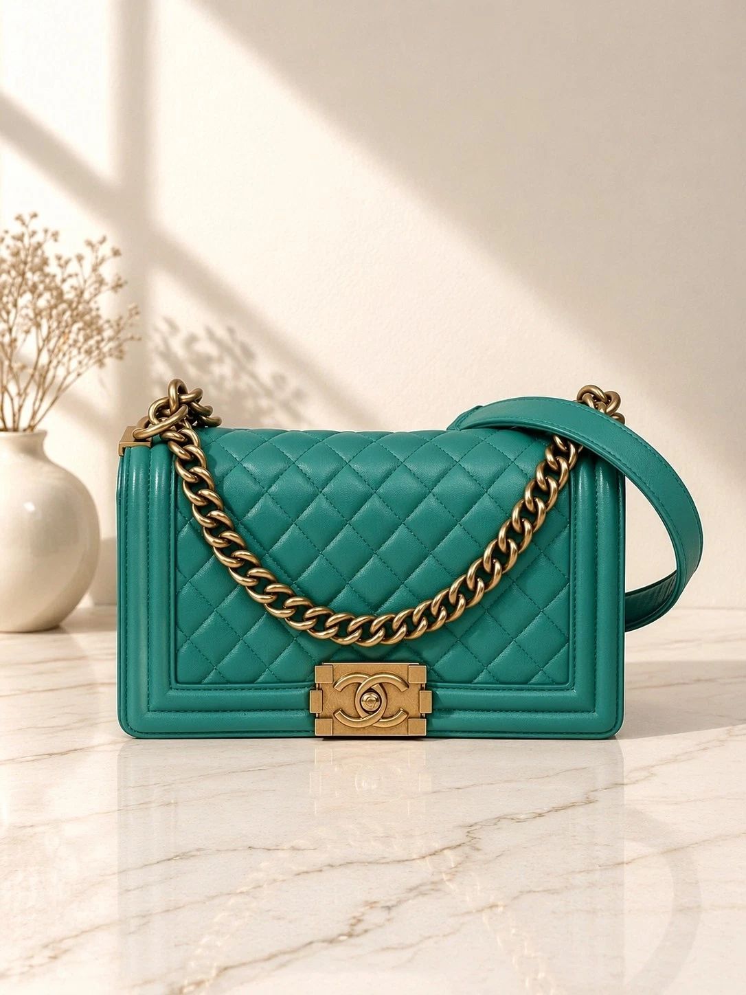 Chanel Boy Green Quilted Leather Medium Shoulder Bag Gold Hardware