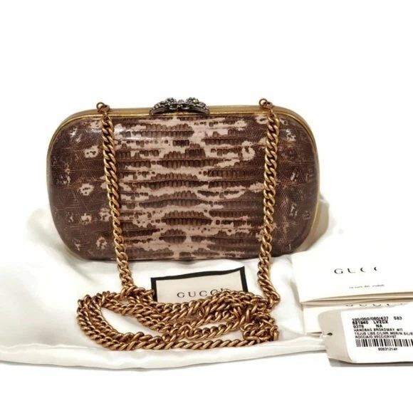 Gucci Broadway Snakeskin Clutch Crossbody Bag Bronze Gold Chain New — photo 2