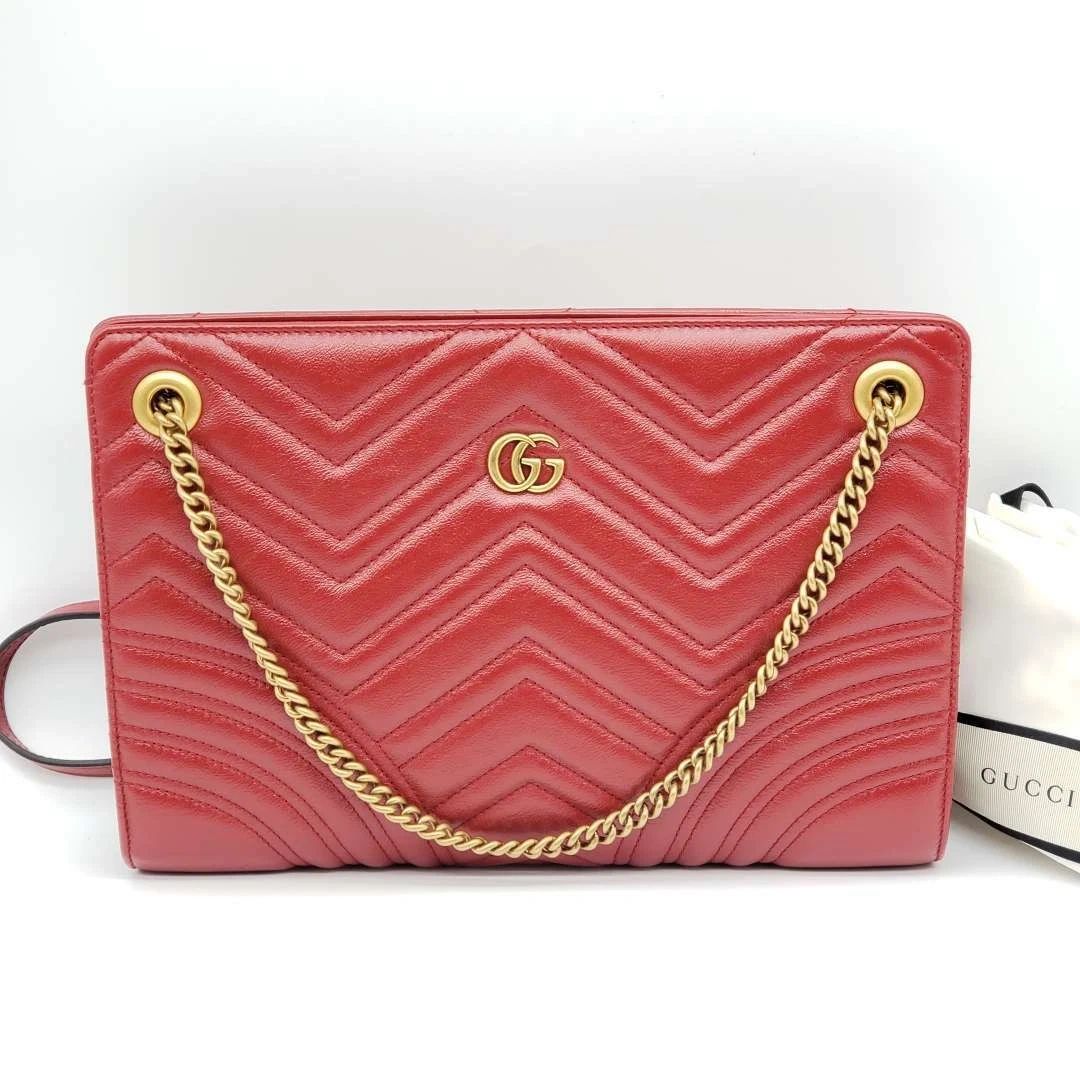 Gucci GG Marmont Matelassé Chain Wallet Red Leather Gold Logo — photo 2