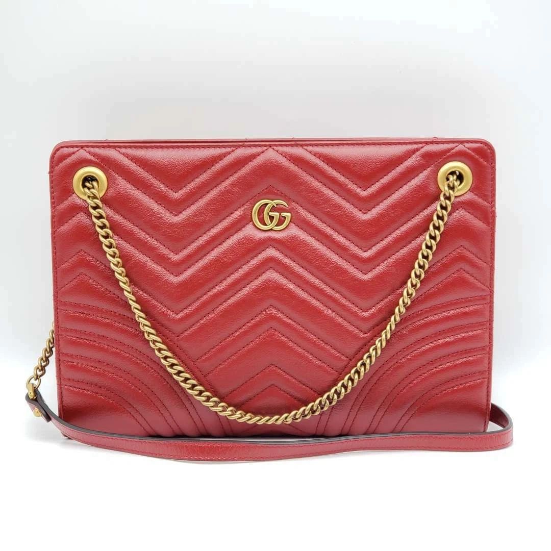 Gucci GG Marmont Matelassé Chain Wallet Red Leather Gold Logo — photo 3