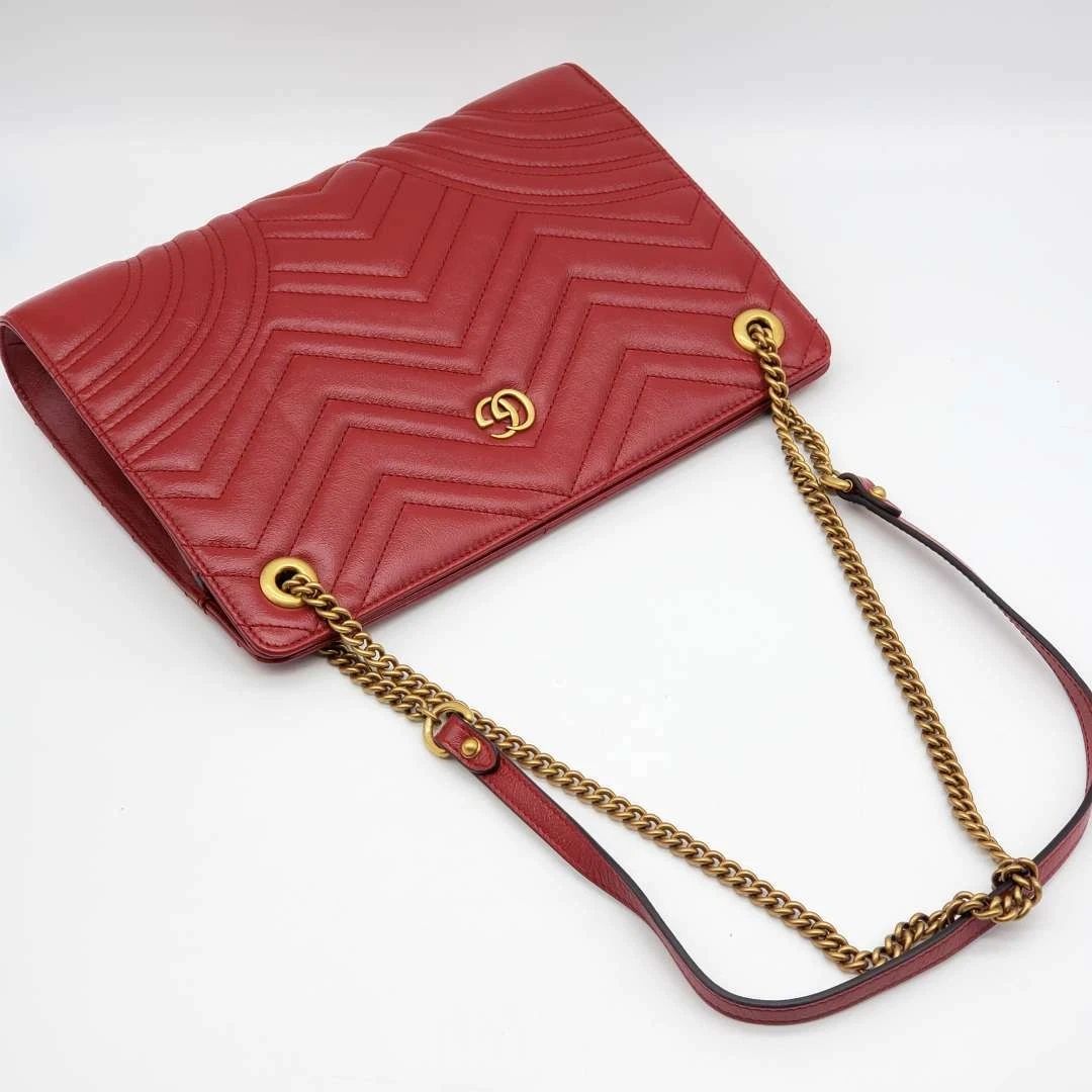 Gucci GG Marmont Matelassé Chain Wallet Red Leather Gold Logo — photo 5
