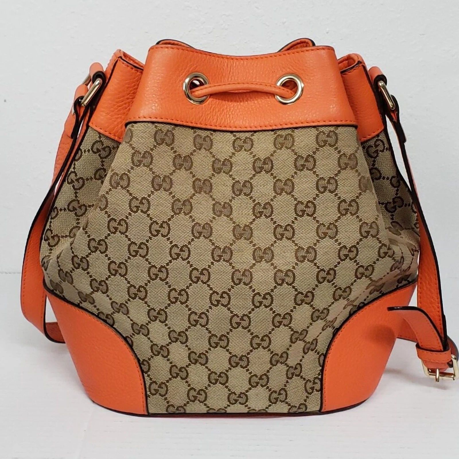 Gucci GG Supreme Bucket Bag Orange Leather Trim Crossbody Drawstring — photo 3