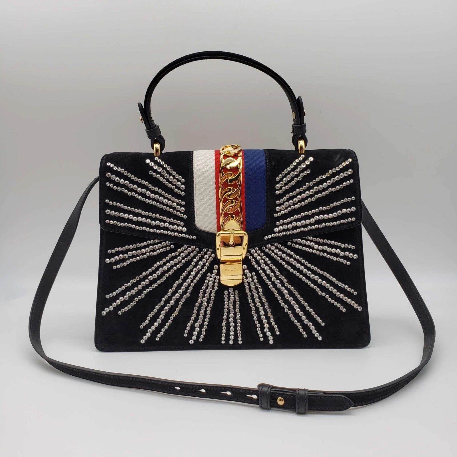 Gucci Sylvie Pearl Stud Medium Top Handle Bag Navy Leather Web Stripe — photo 2