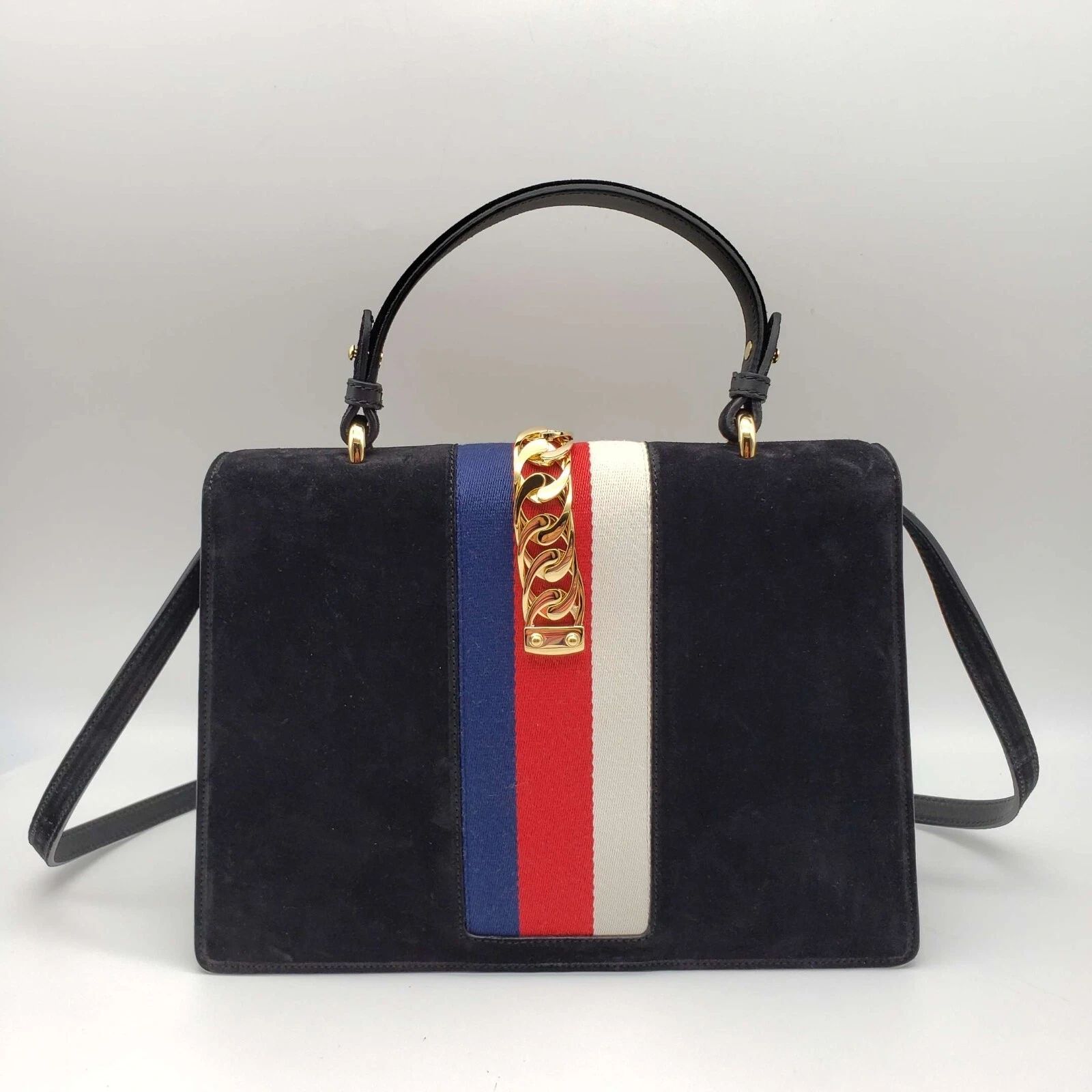 Gucci Sylvie Pearl Stud Medium Top Handle Bag Navy Leather Web Stripe — photo 3