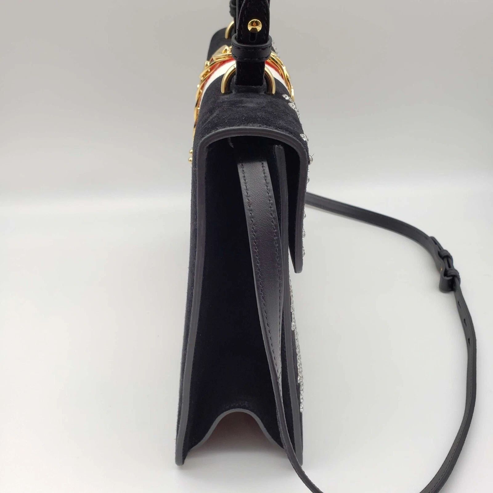 Gucci Sylvie Pearl Stud Medium Top Handle Bag Navy Leather Web Stripe — photo 5