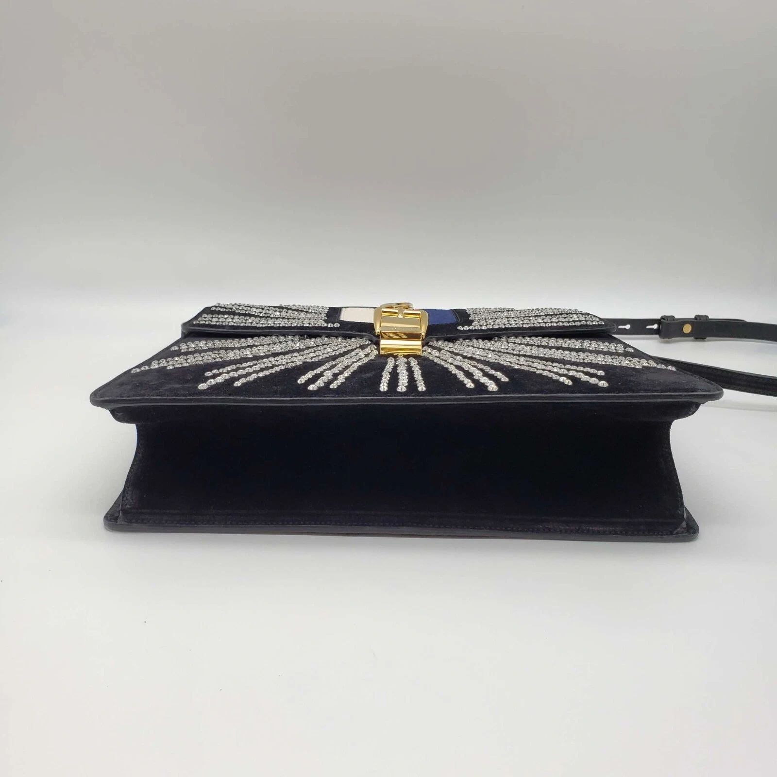 Gucci Sylvie Pearl Stud Medium Top Handle Bag Navy Leather Web Stripe — photo 6