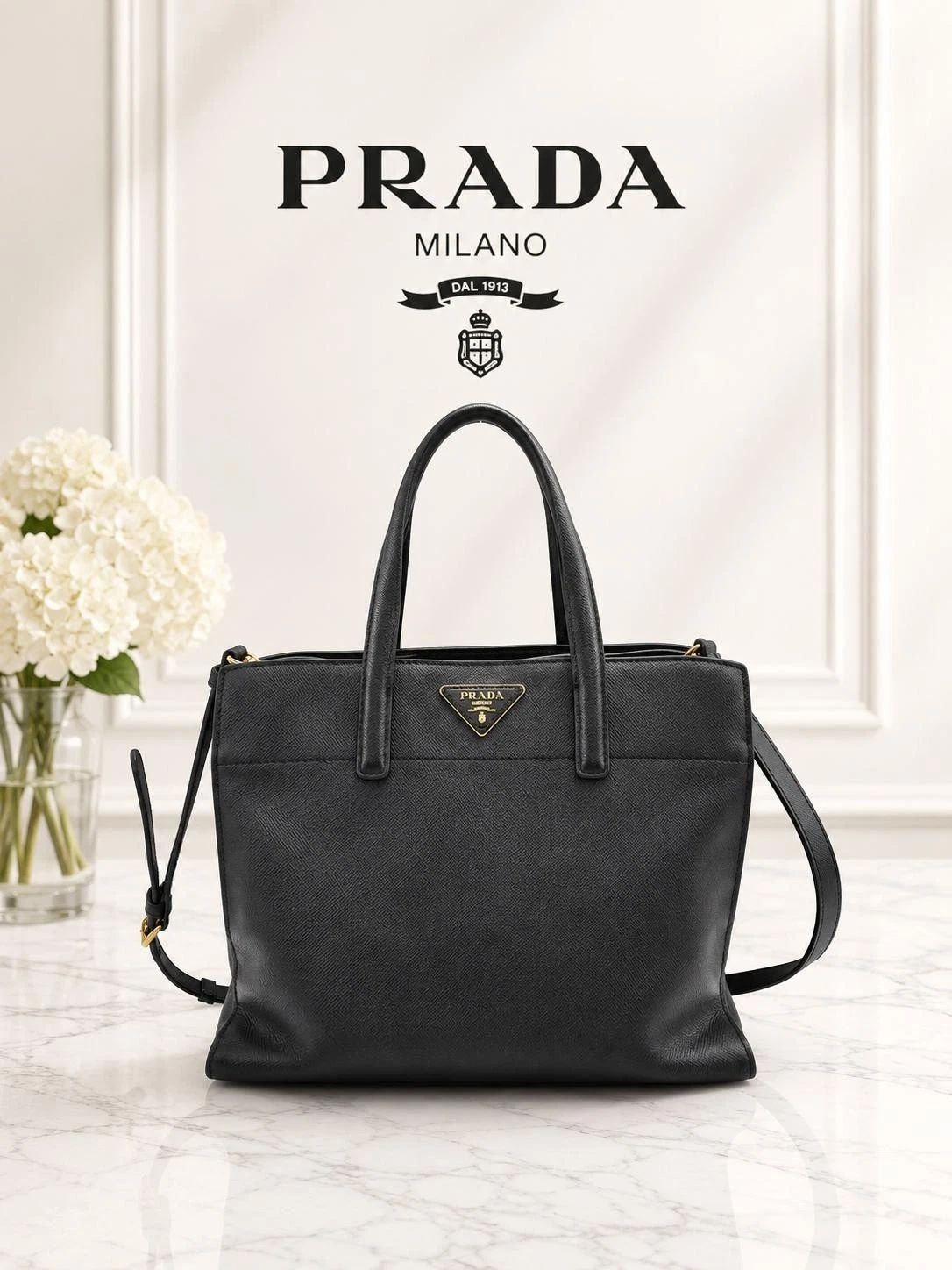 Prada Black Leather Tote Bag Crossbody Satchel Gold Hardware Large Lux