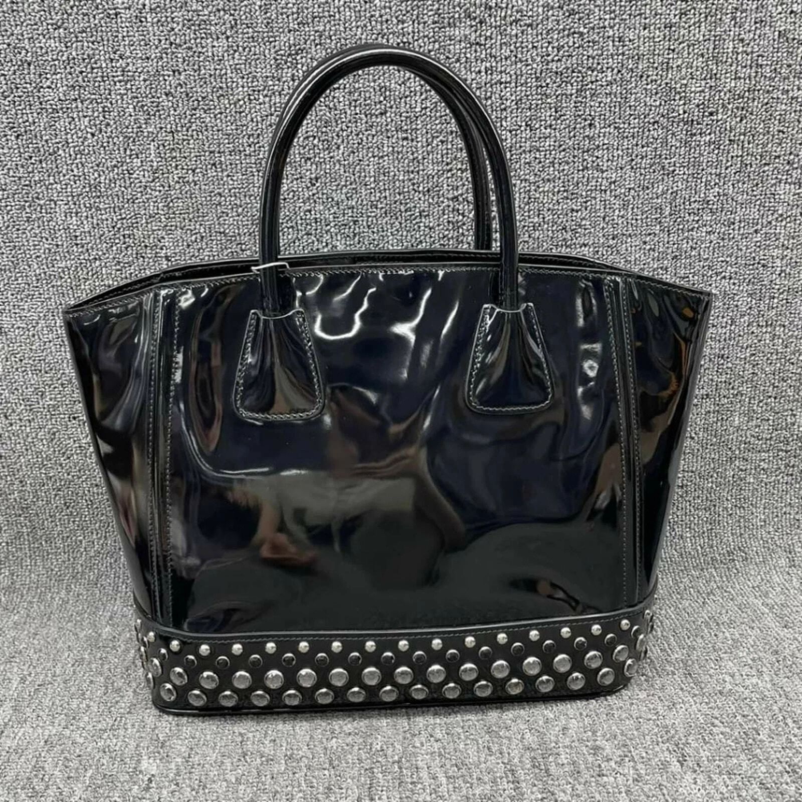 Prada Patent Leather Studded Tote Black Spazzolato Shoulder Bag — photo 3