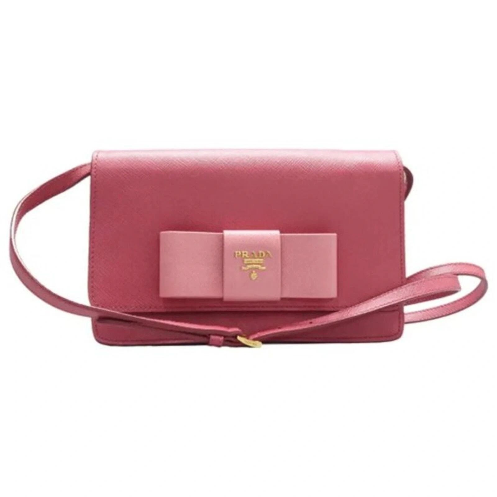 Prada Pink Saffiano Bow Crossbody Wallet Clutch Gold Logo — photo 2