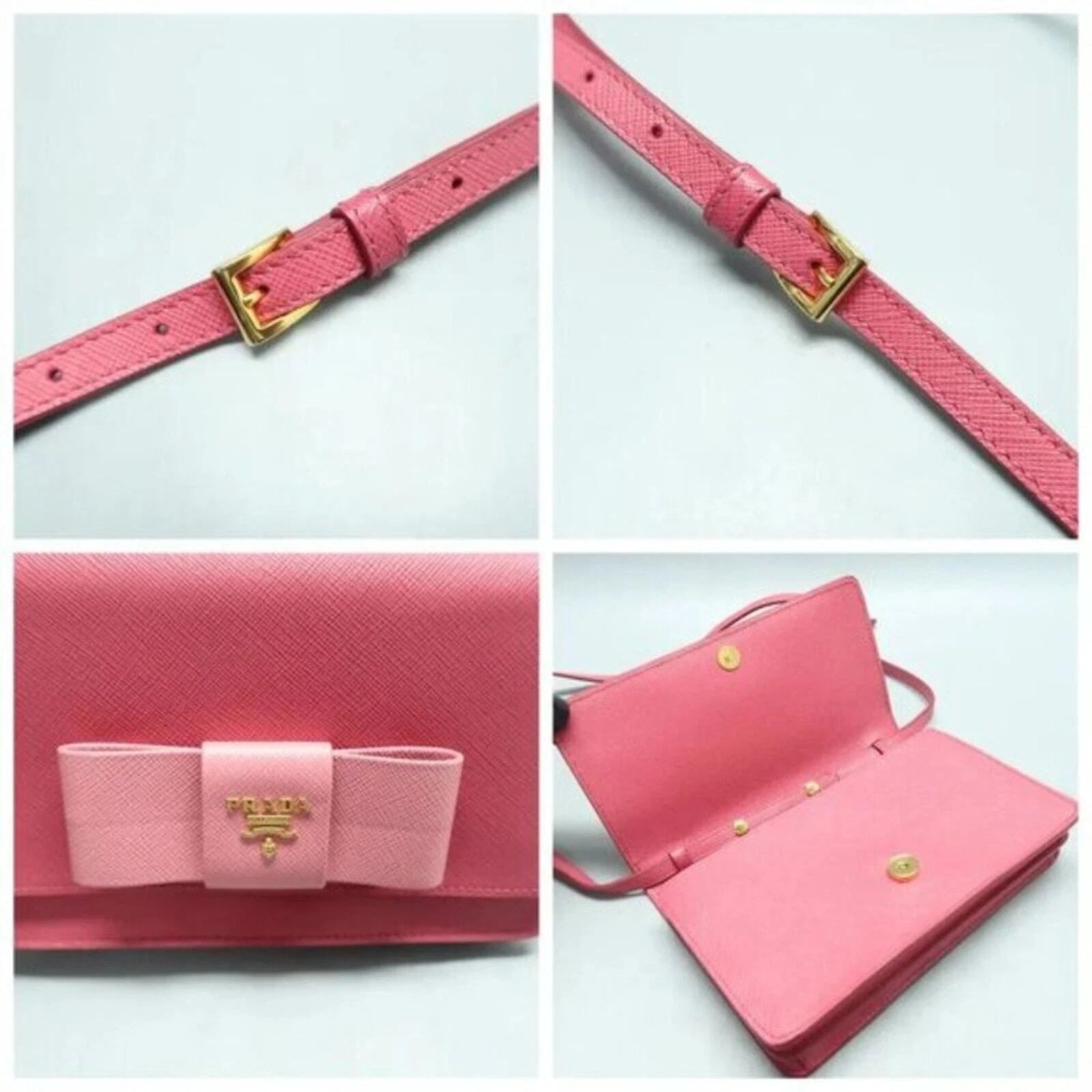 Prada Pink Saffiano Bow Crossbody Wallet Clutch Gold Logo — photo 7