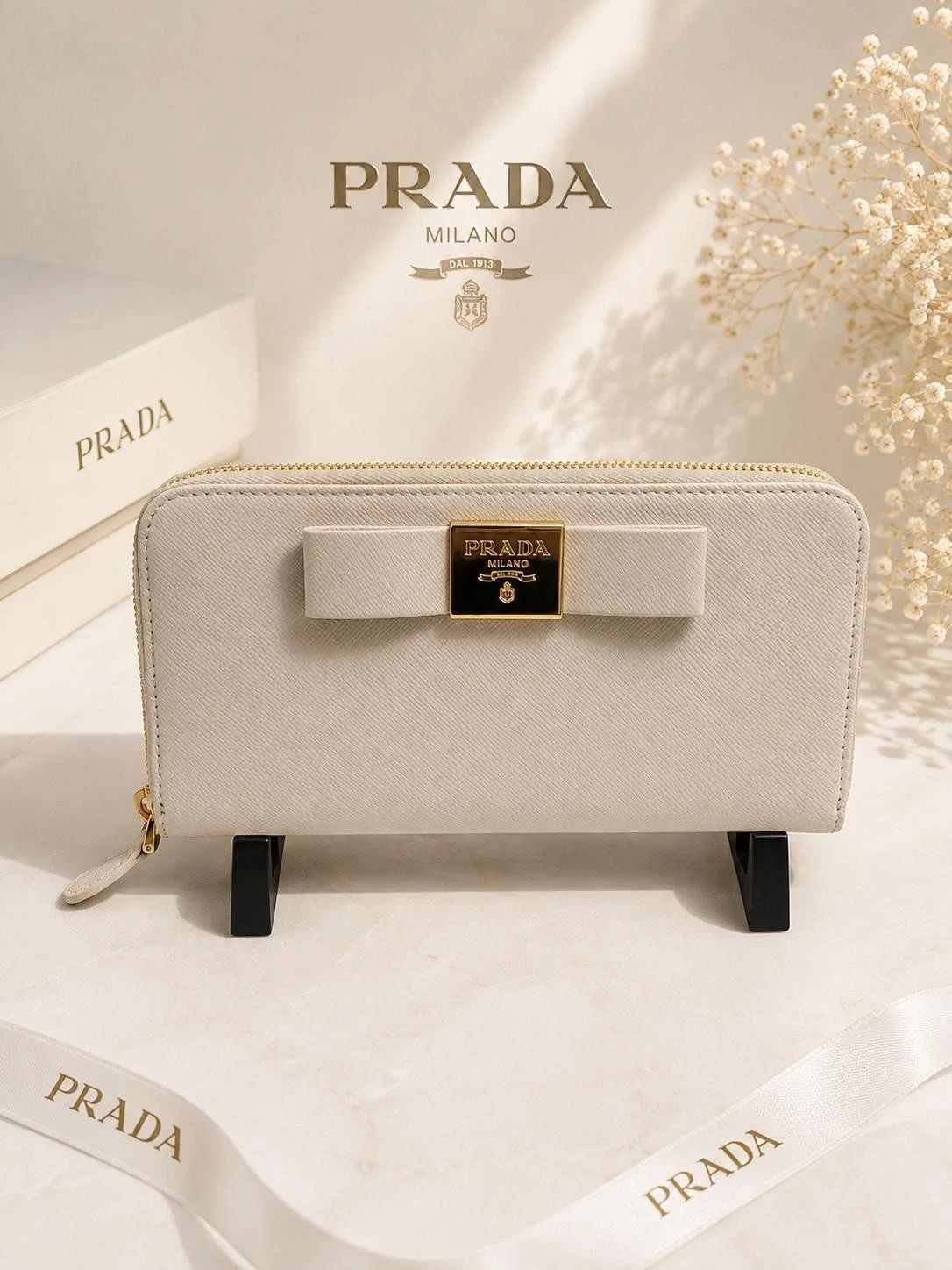 Prada Saffiano Fiocco Bow Zip-Around Wallet