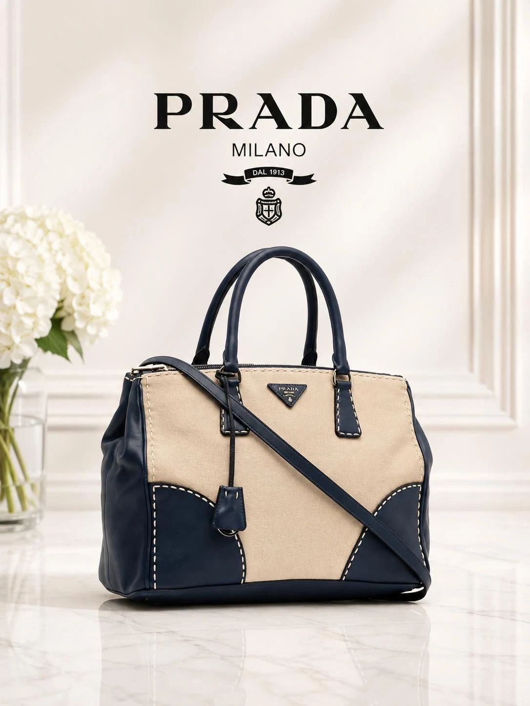 Prada Two Tone Leather Canvas Tote Satchel Crossbody Bag