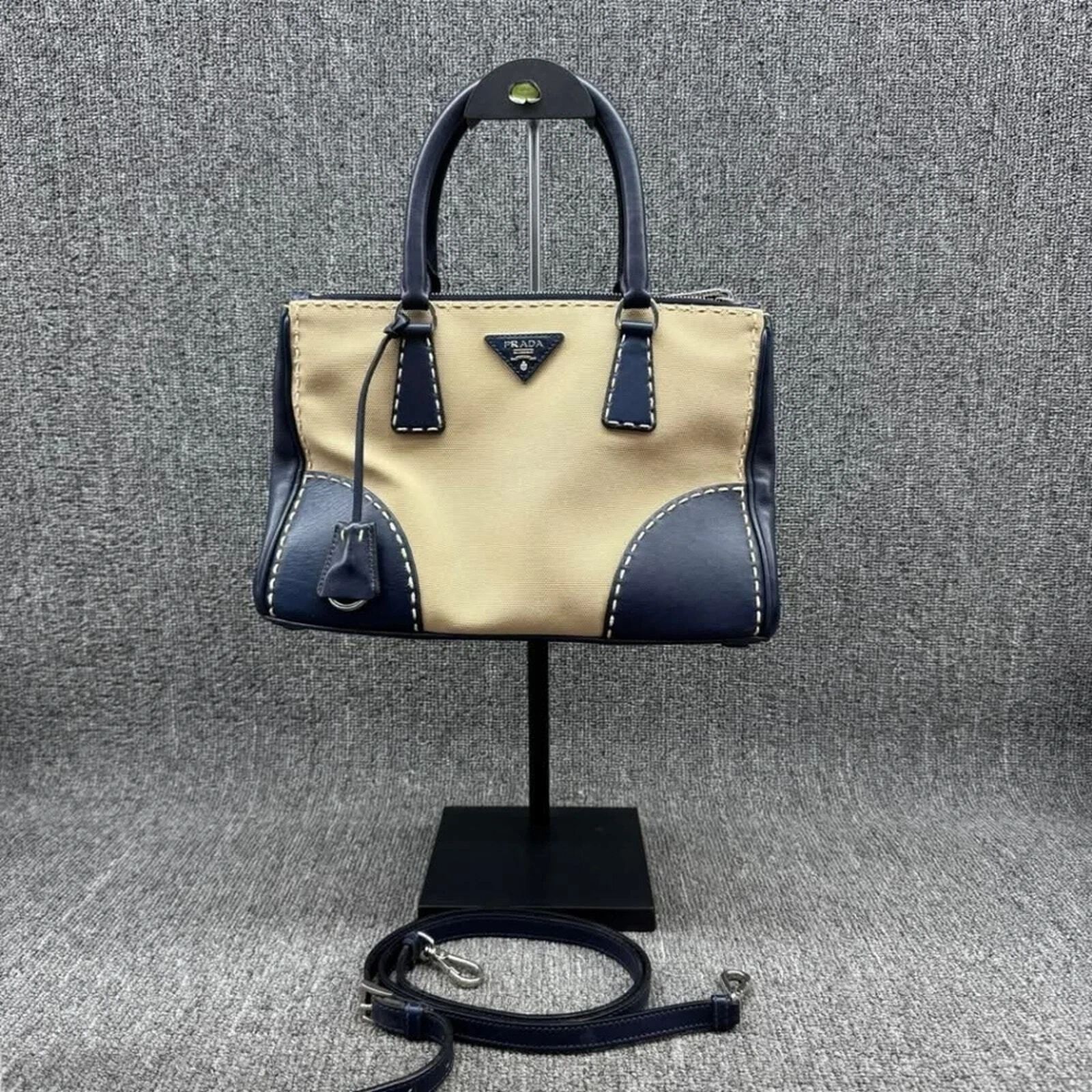 Prada Two Tone Leather Canvas Tote Satchel Crossbody Bag — photo 2