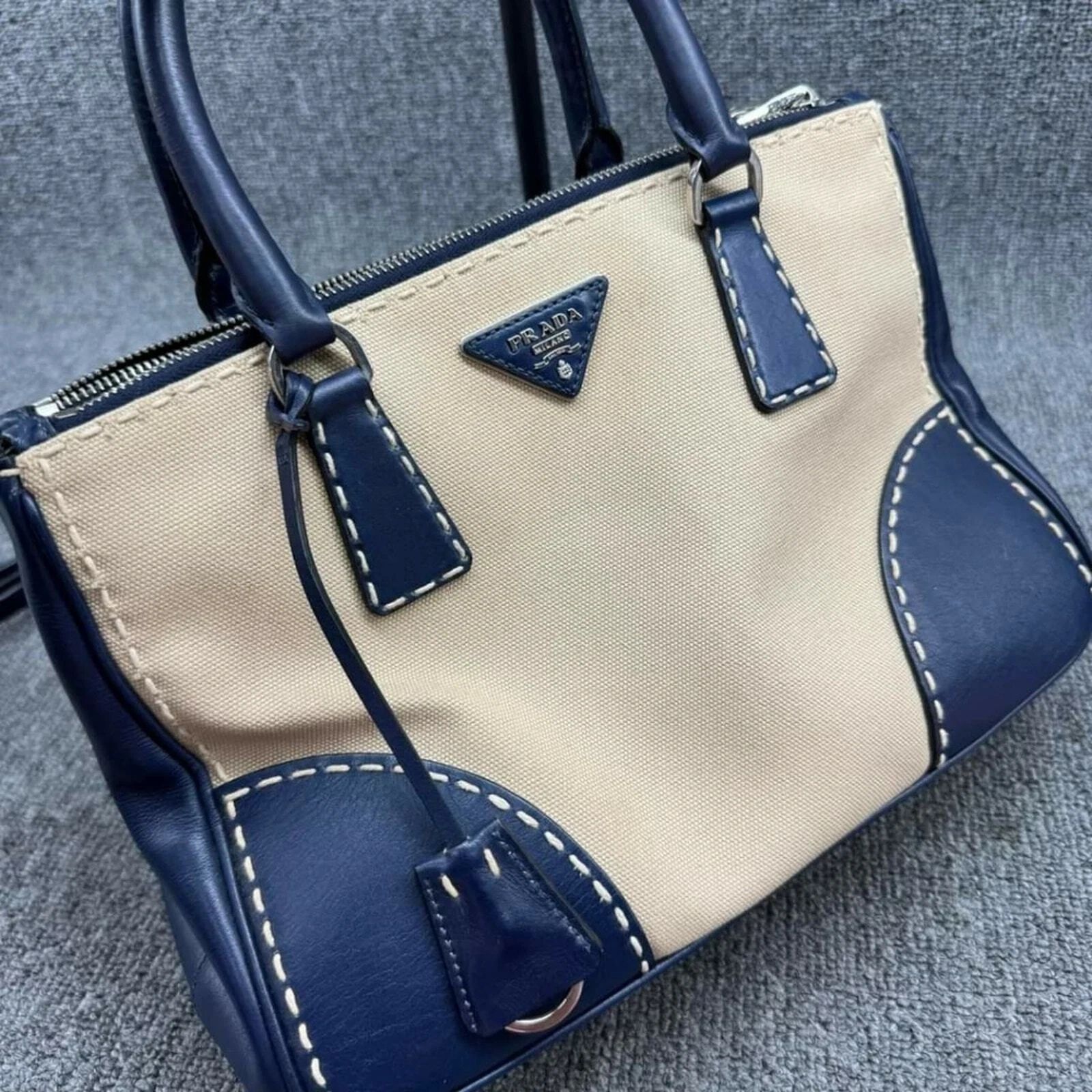 Prada Two Tone Leather Canvas Tote Satchel Crossbody Bag — photo 3