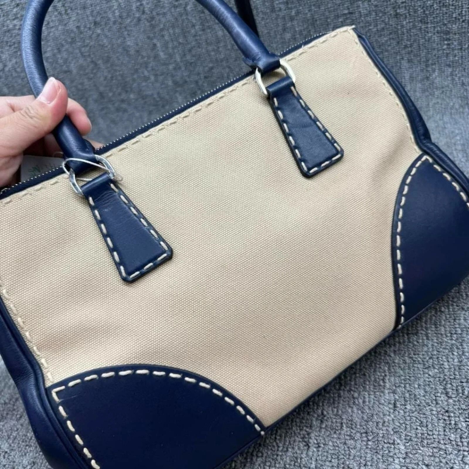 Prada Two Tone Leather Canvas Tote Satchel Crossbody Bag — photo 4