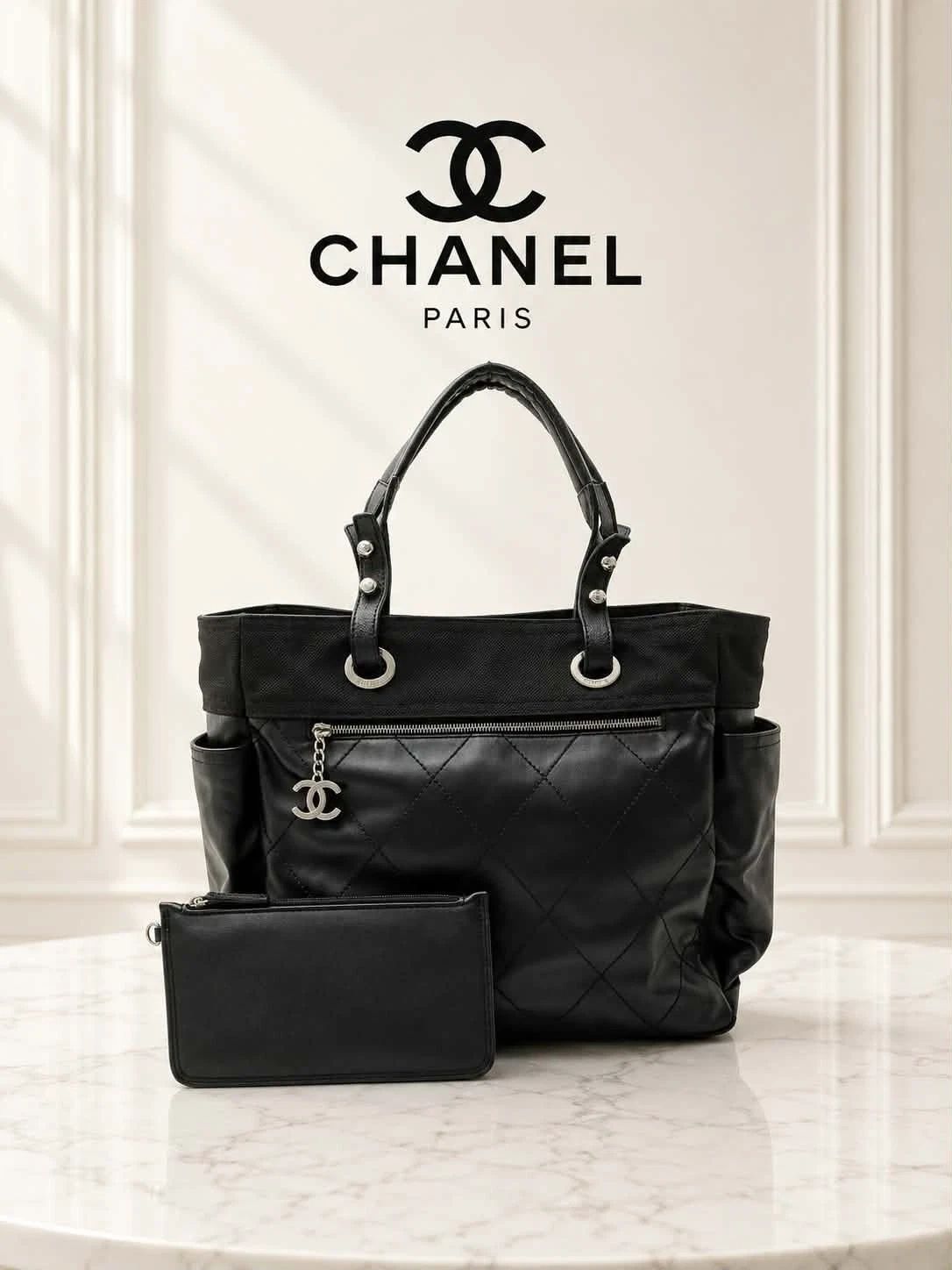 Chanel Black Quilted Leather Tote CC Charm Luxury Shoulder Bag