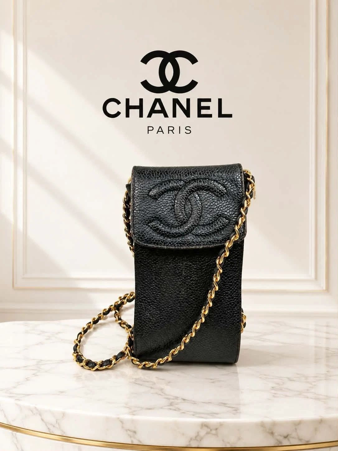 Chanel CC Logo Caviar Leather Phone Pouch Crossbody Bag