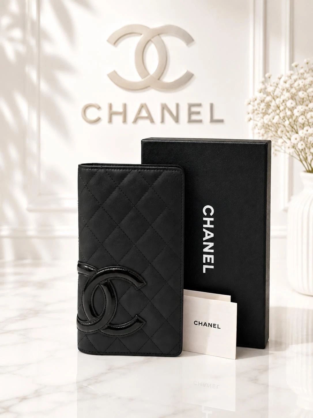 Chanel Cambon Ligne Black Quilted Leather Long Wallet