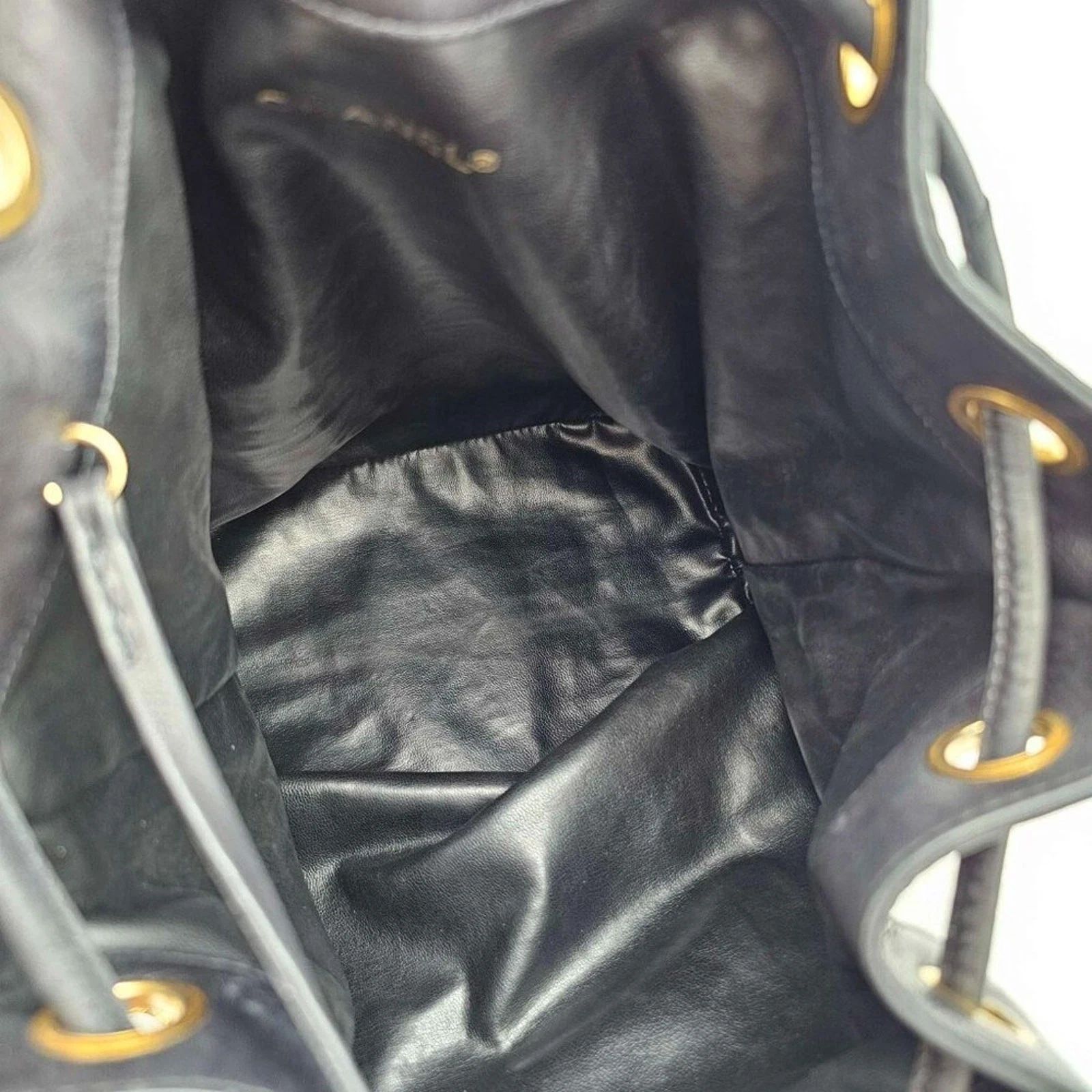 Chanel Authentic Chanel Drawstring Bucket Bag Black Leather Gold Chain CC Logo — photo 8
