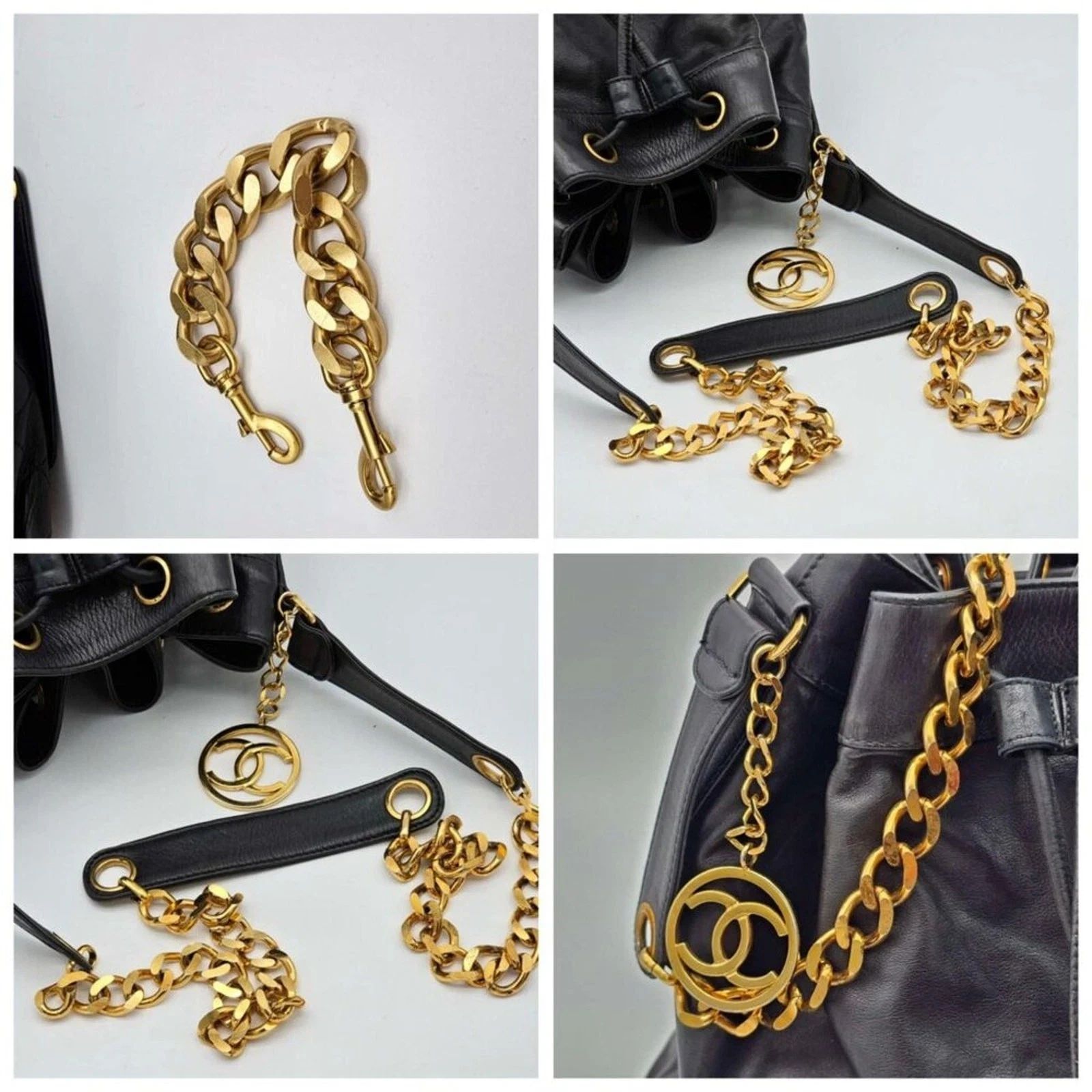 Chanel Authentic Chanel Drawstring Bucket Bag Black Leather Gold Chain CC Logo — photo 9
