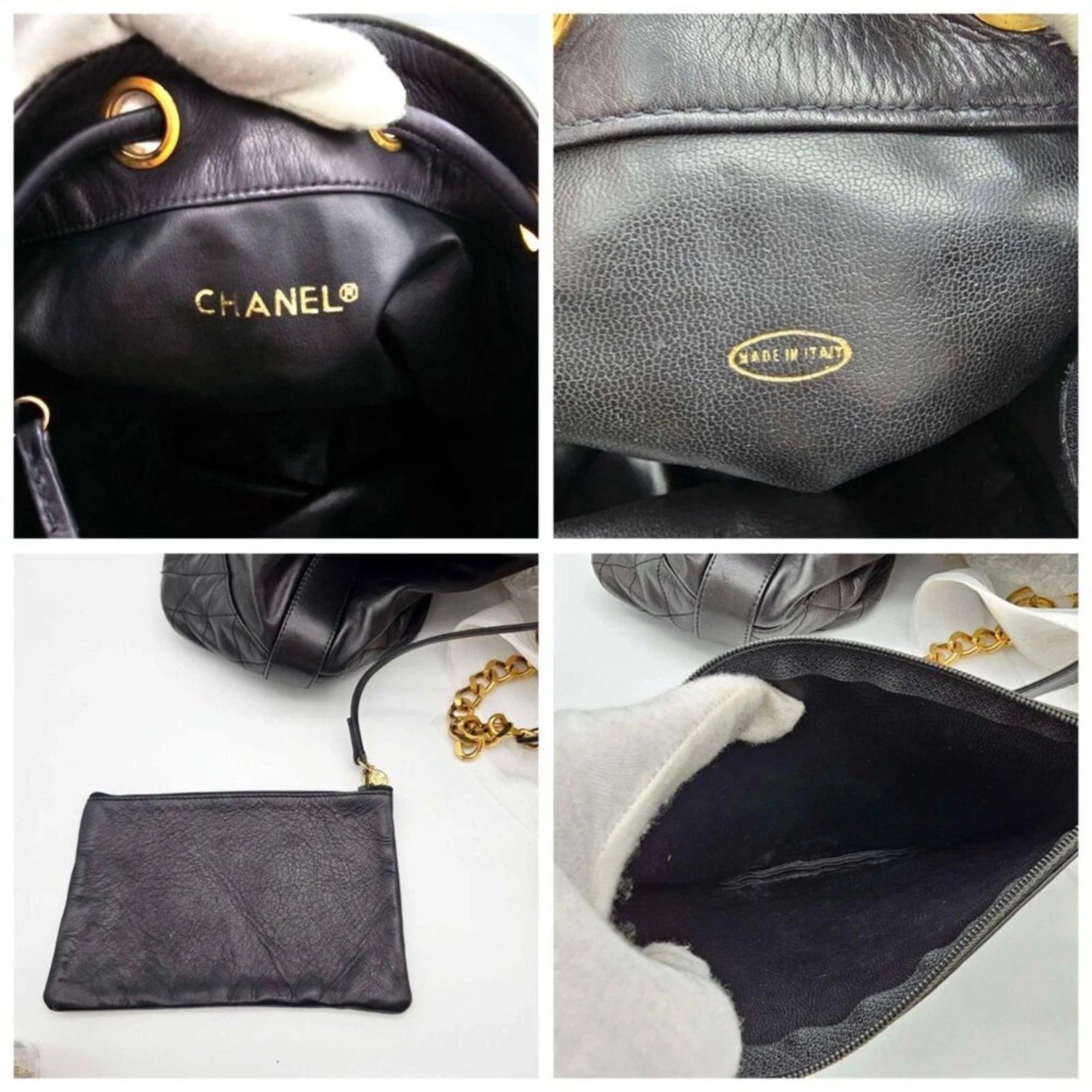Chanel Authentic Chanel Drawstring Bucket Bag Black Leather Gold Chain CC Logo — photo 10
