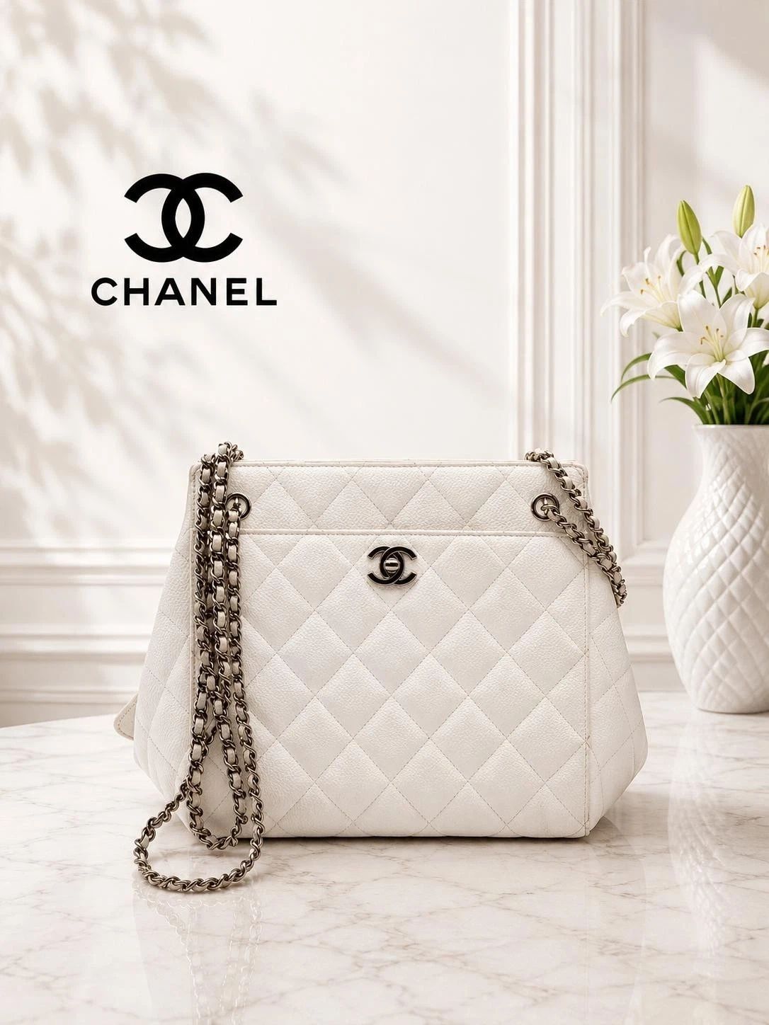 Chanel Quilted Matelasse CC Logo Caviar Skin Chain Shoulder Bag