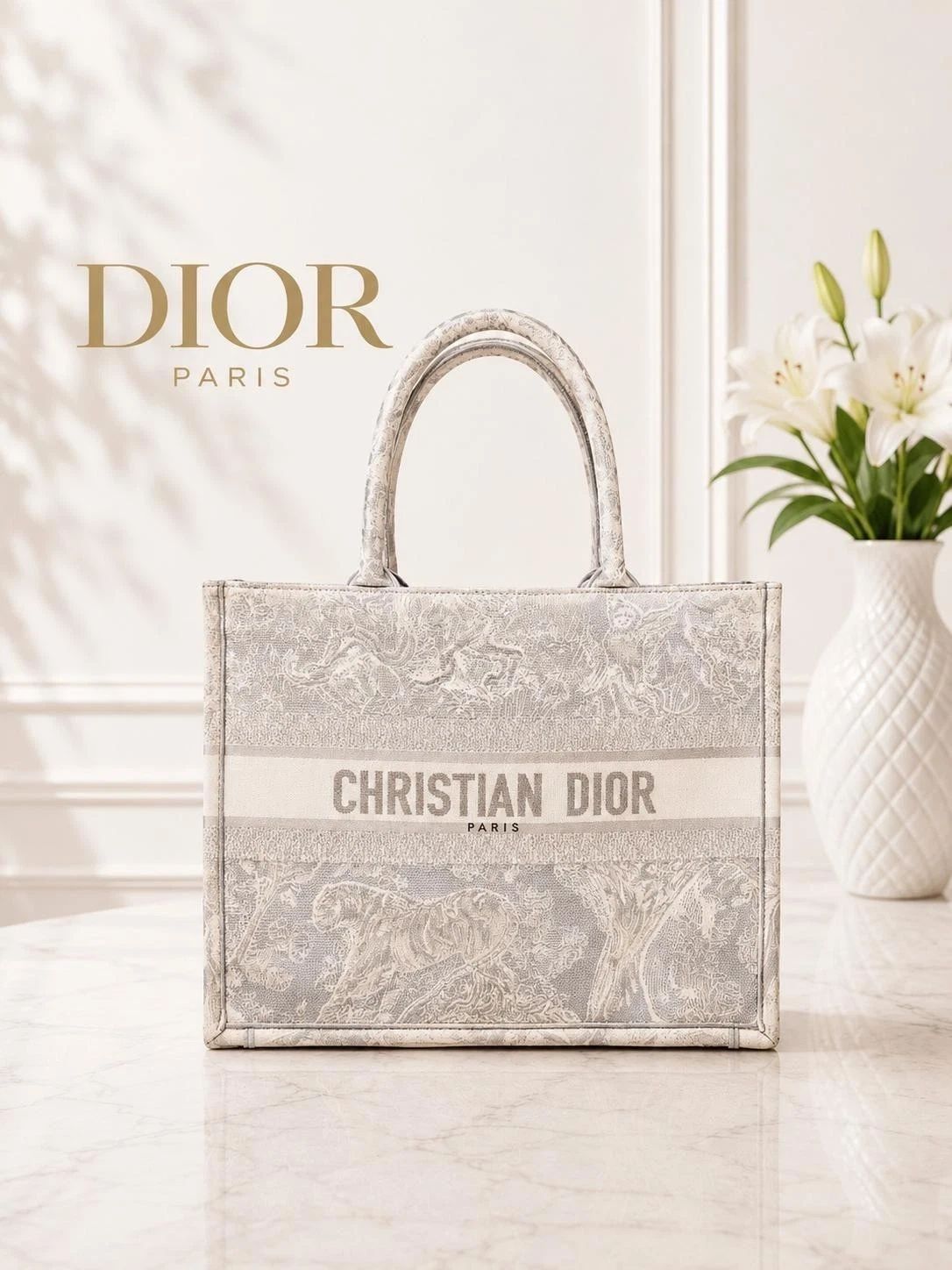 Christian Dior Book Tote Gray Toile De Jouy Embroidery Canvas Bag