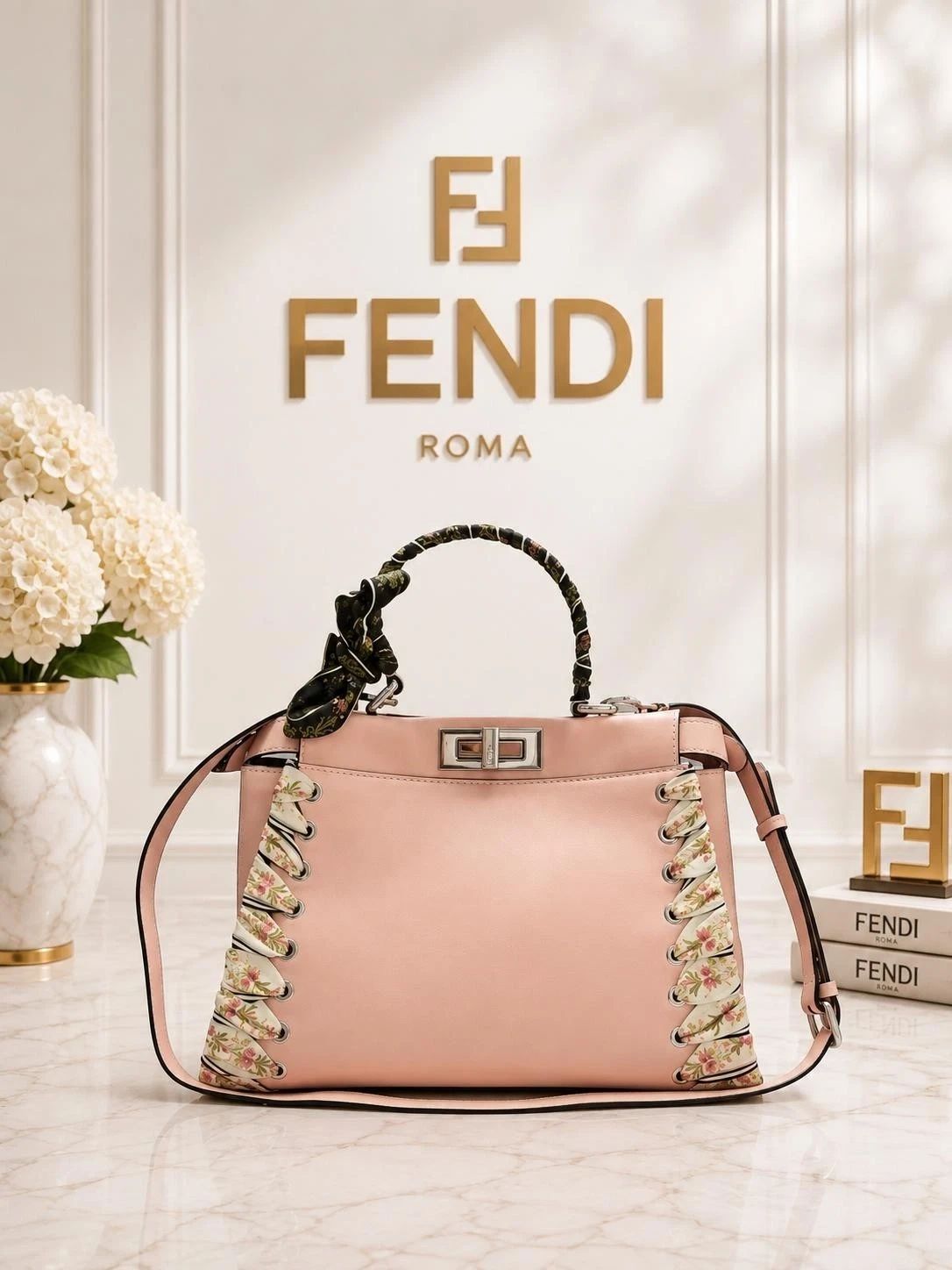 Fendi Peekaboo IseeU Pink Leather Satchel with Ribbon