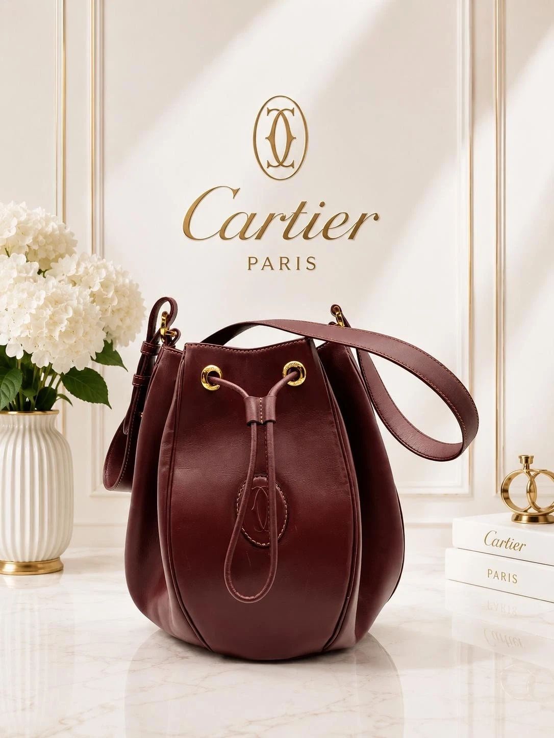 Cartier Burgundy Leather Bucket Bag Drawstring Crossbody
