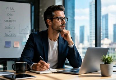 Man pondering in office with laptop and whiteboard.