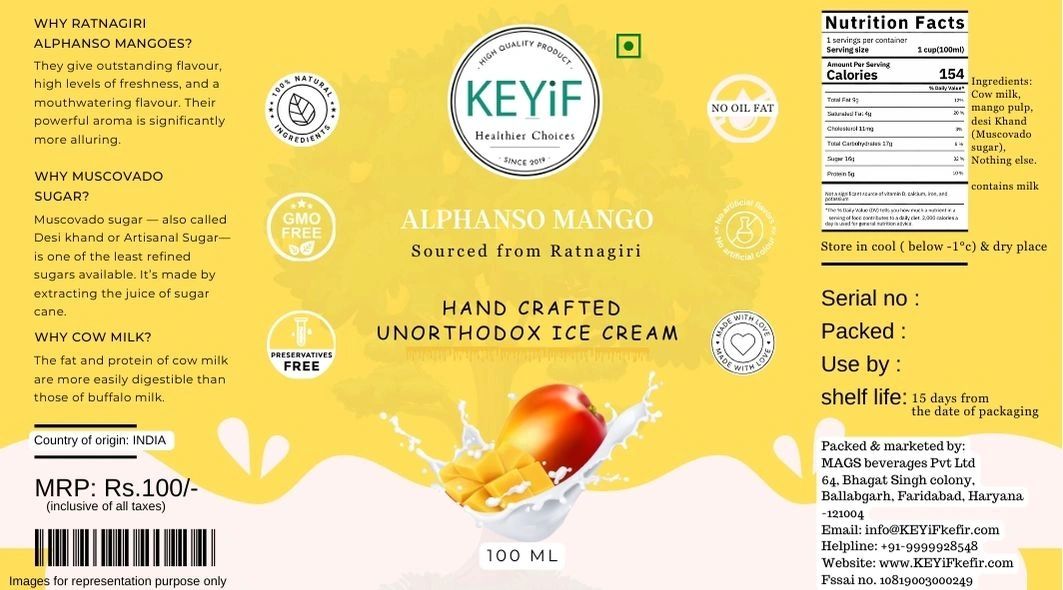 Alphanso Mango Ice Cream {100ml X 5 pcs} (100% Natural, Contains Mango sourced from Ratnagiri, Cow's Milk & Muscovado sugar only, No Hidden Ingredients)(Hand Crafted) image 1