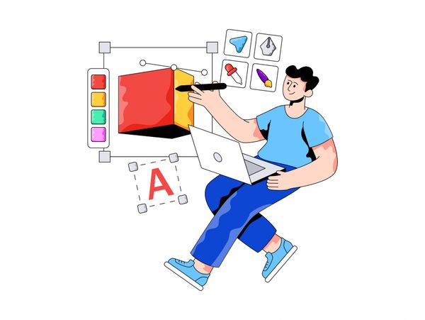 Person designing a colorful 3D cube using digital tools on a laptop.