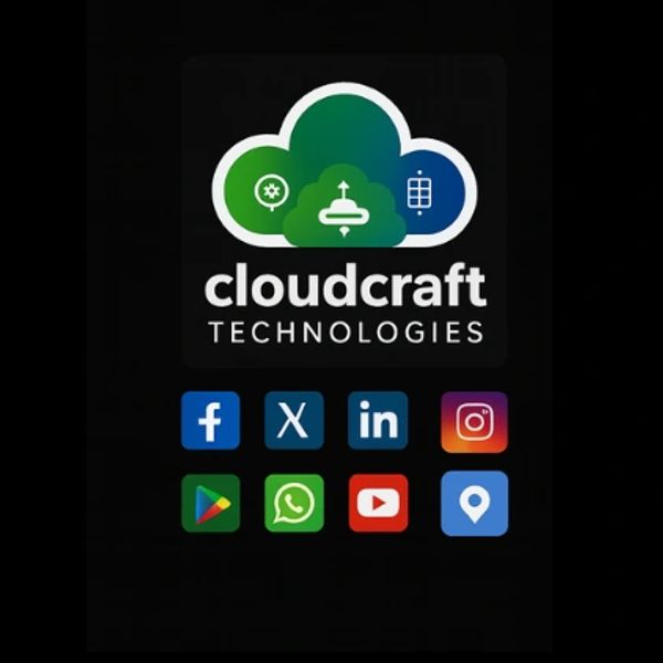 Cloudcraft Technologies business card with contact info and social media icons.